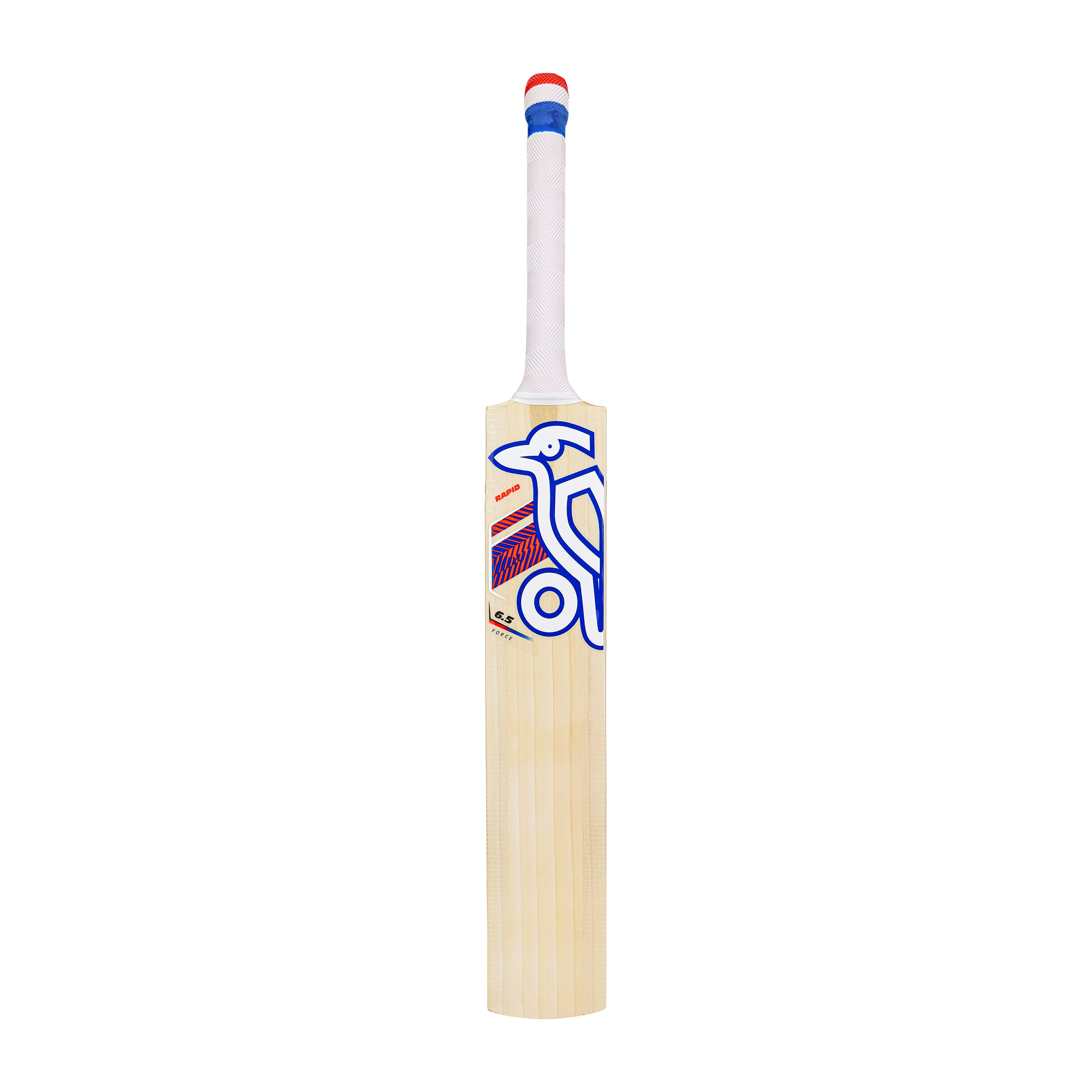 The Kookaburra Rapid 6.5 Force Cricket Bat 2026 stands upright against a plain white background, featuring a lightweight design, a white grip-taped handle, and the brand’s blue and red bird logo on the front.