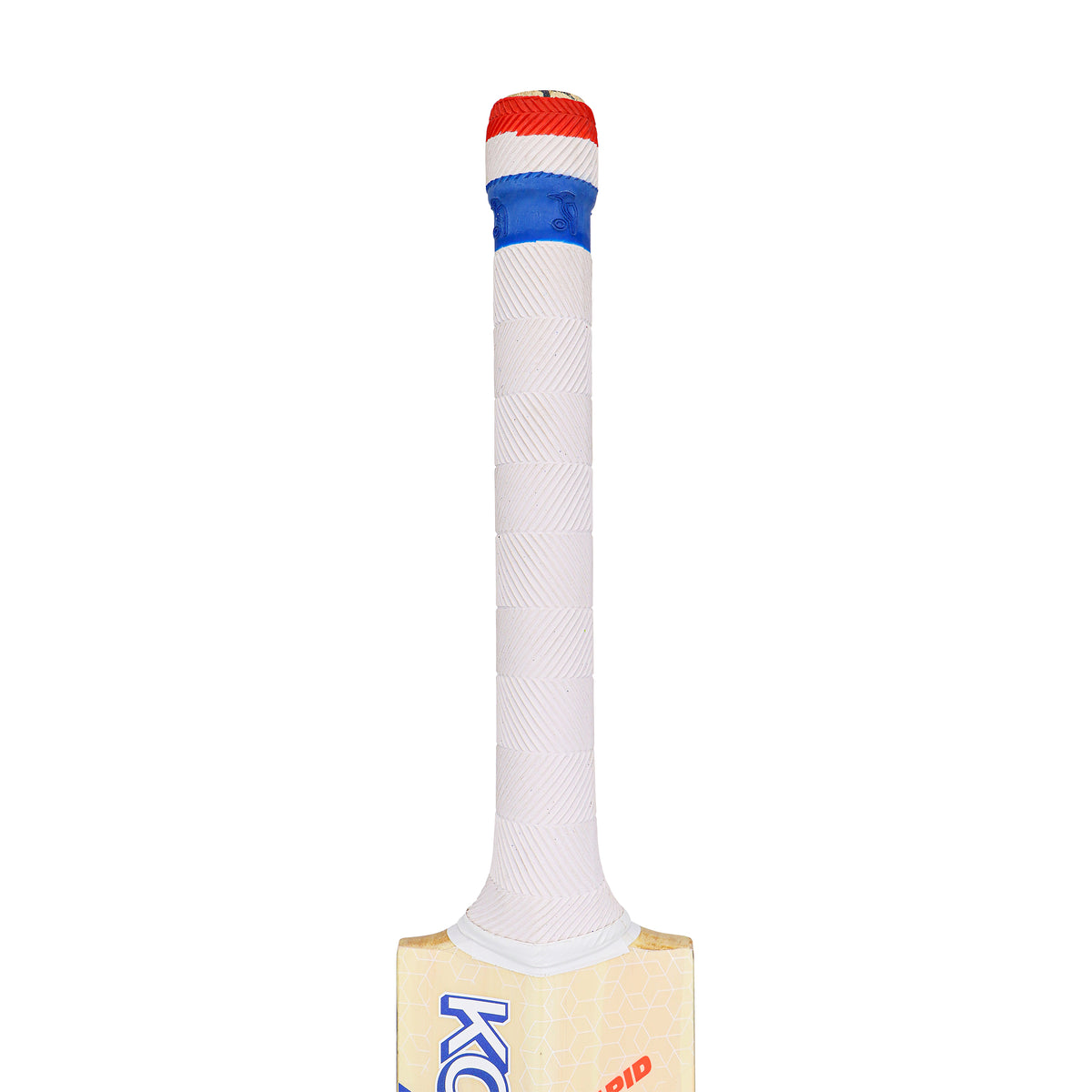 A close-up of the Kookaburra Rapid 6.5 Force Cricket Bat 2026 shows its white-gripped handle with a blue band and red cap; the lower English Willow blade reveals part of the Kookaburra logo.