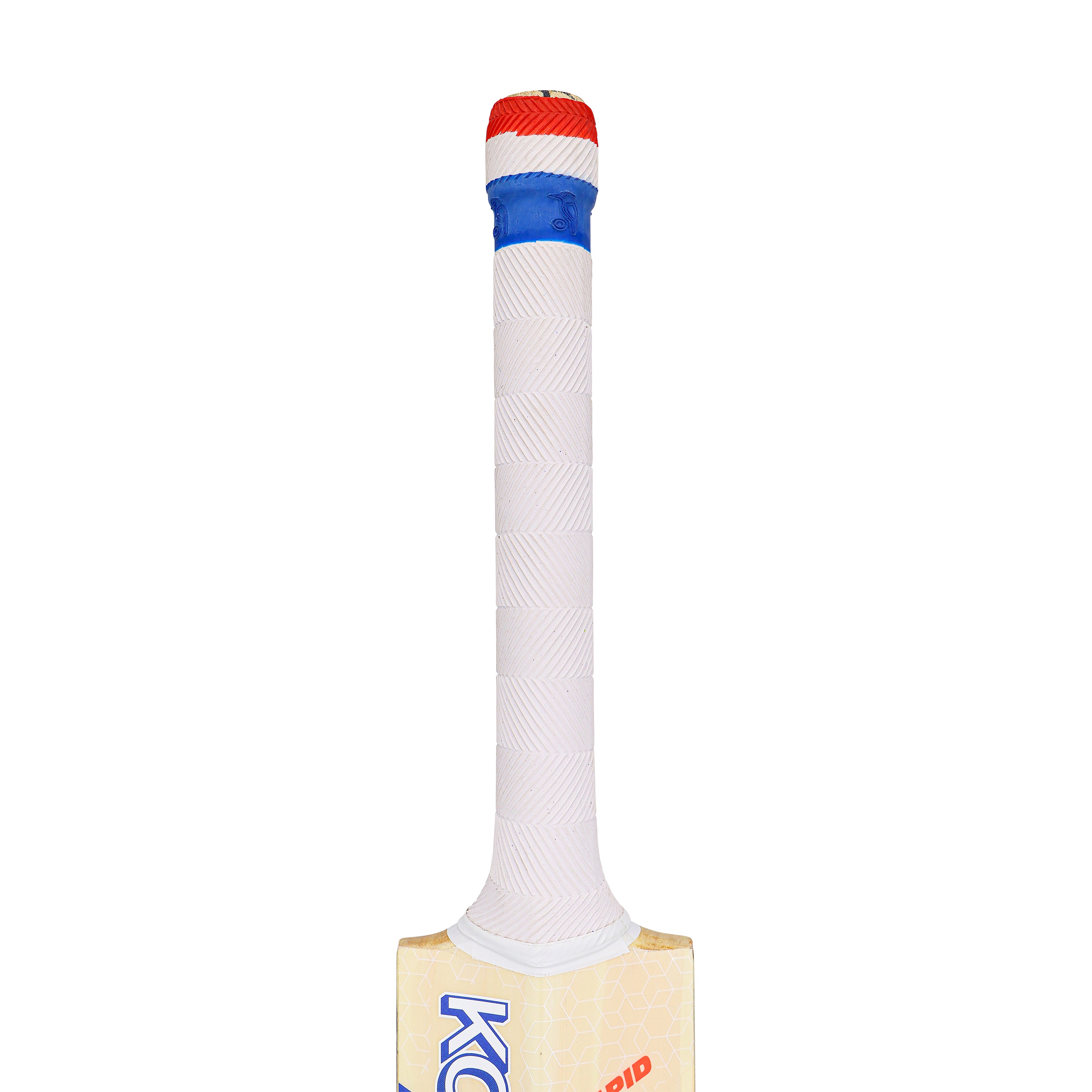 A close-up of the Kookaburra Rapid 6.5 Force Cricket Bat 2026 shows its white-gripped handle with a blue band and red cap; the lower English Willow blade reveals part of the Kookaburra logo.