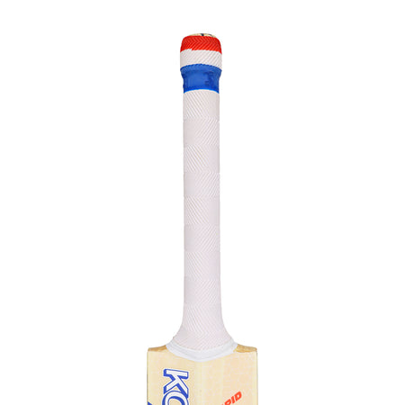 A close-up of the Kookaburra Rapid 6.5 Force Cricket Bat 2026 shows its white-gripped handle with a blue band and red cap; the lower English Willow blade reveals part of the Kookaburra logo.