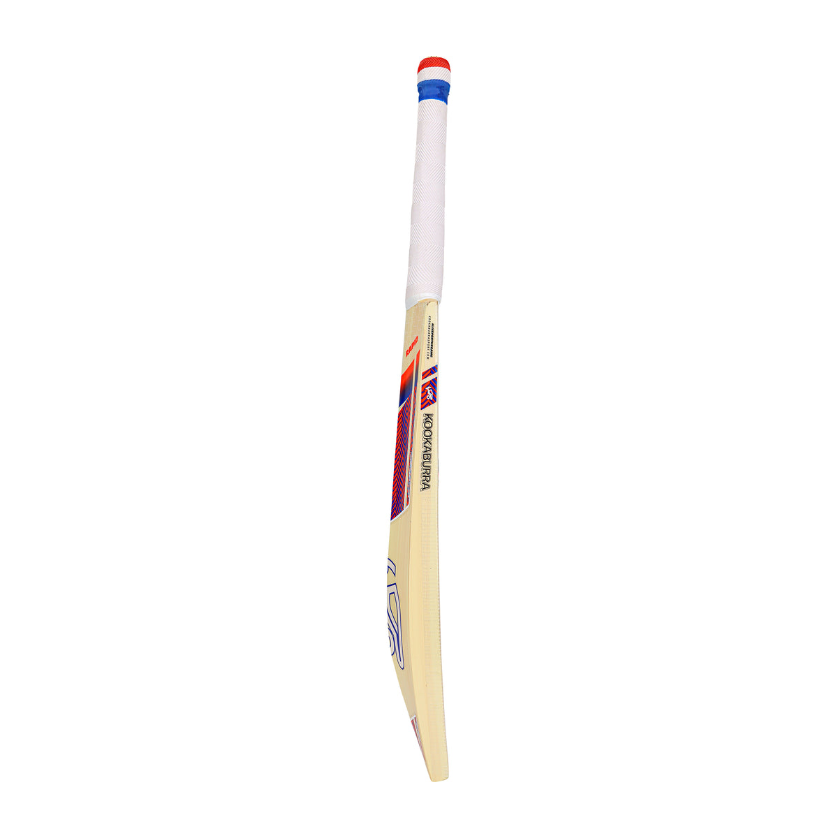 A side view of the Kookaburra Rapid 6.5 Force Cricket Bat 2026, a lightweight bat from Kookaburra with a white grip-taped handle and blue, red, and black stickers on the blade, isolated on a white background.
