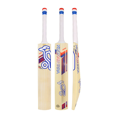The Kookaburra Rapid 6.5 Force Cricket Bat 2026 by Kookaburra is shown from the front, back, and side, featuring white and blue branding on a lightweight English Willow bat with a light wood body and a handle in red, blue, and white.