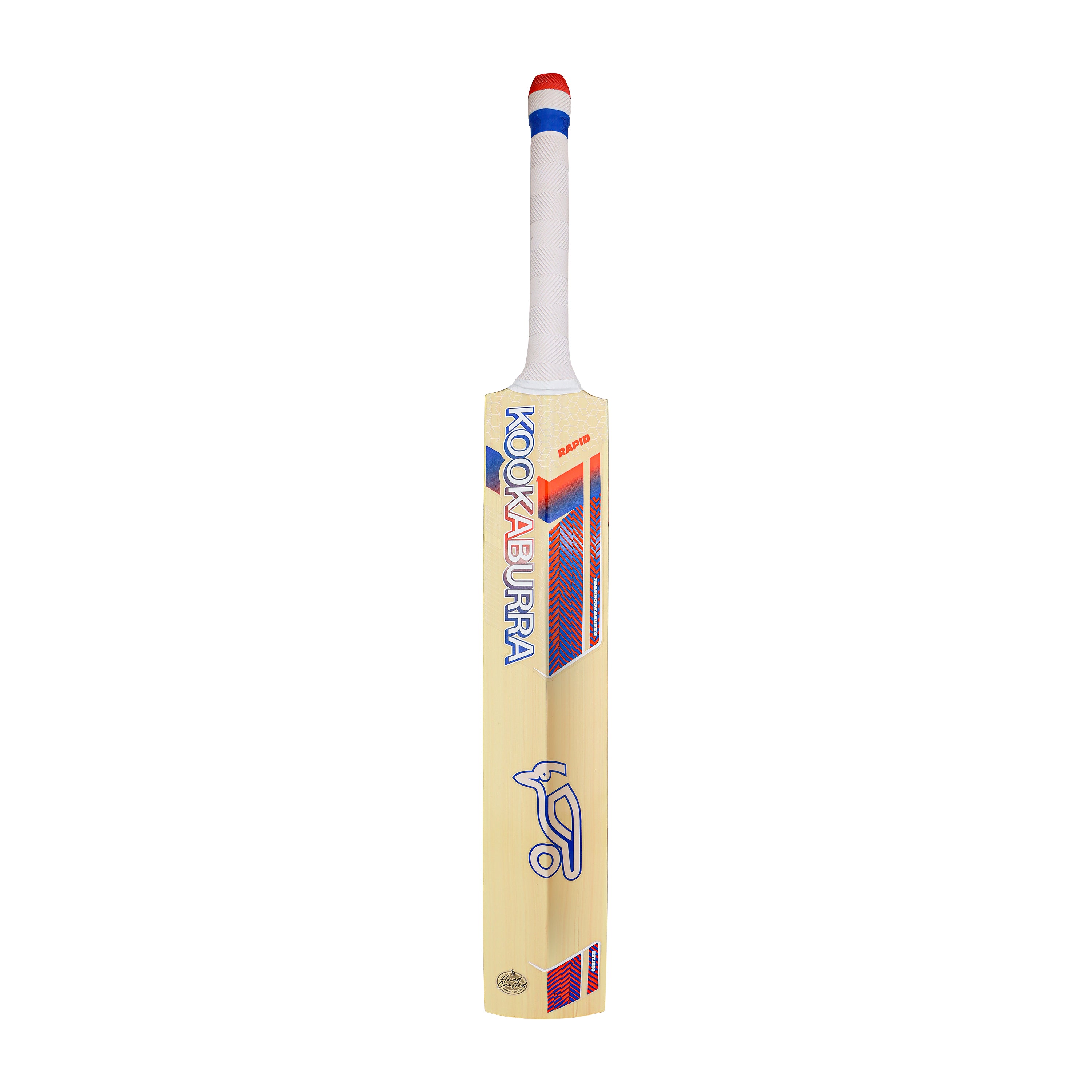 The Kookaburra Rapid 6.5 Force Junior Cricket Bat 2026 by Kookaburra features an English Willow wooden body, a white handle with red and blue bands, vibrant graphics, and a stylized bird logo, shown upright against a white background.