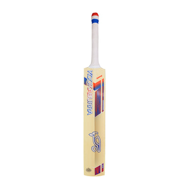 The Kookaburra Rapid 6.5 Force Junior Cricket Bat 2026 by Kookaburra features an English Willow wooden body, a white handle with red and blue bands, vibrant graphics, and a stylized bird logo, shown upright against a white background.