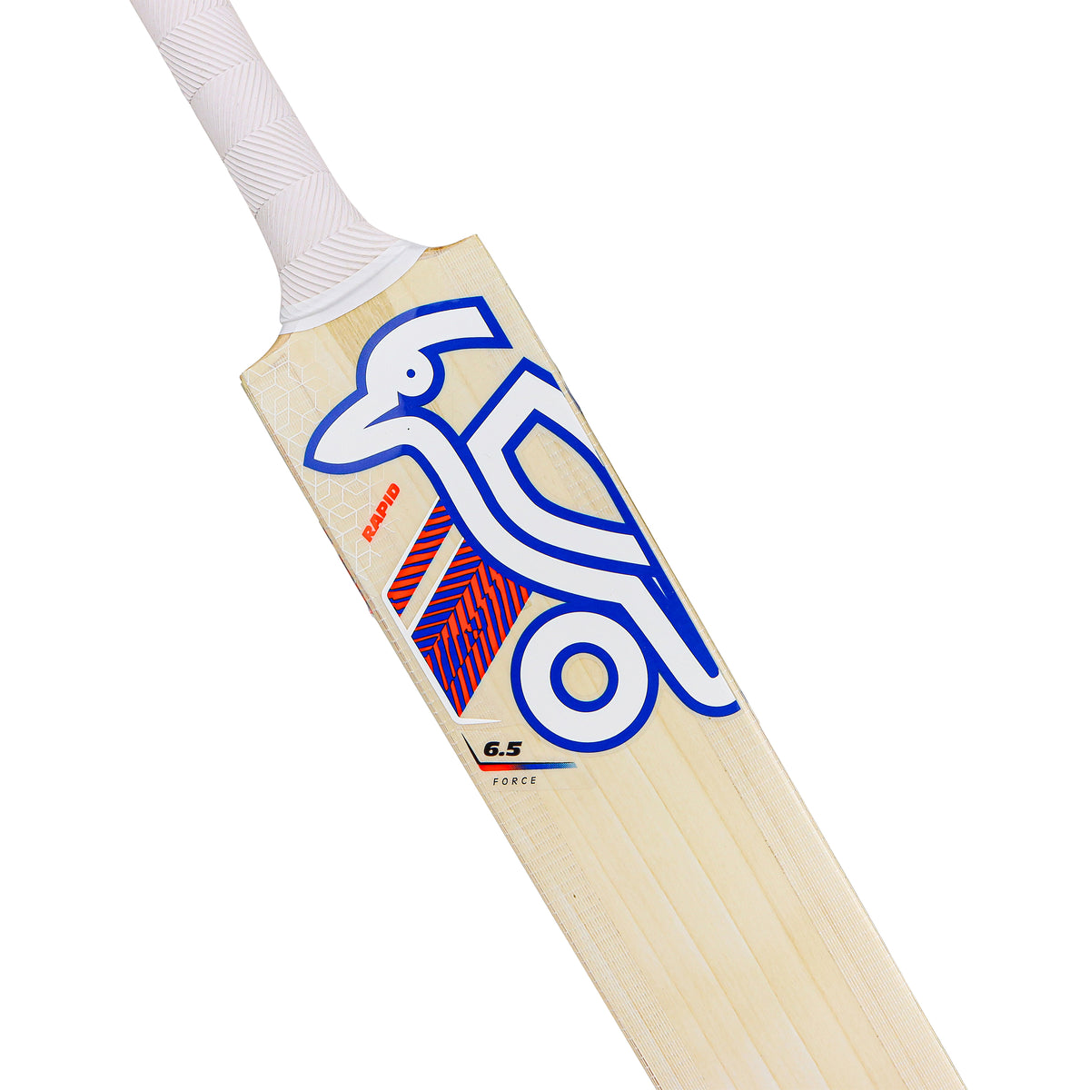 A close-up of the Kookaburra Rapid 6.5 Force Junior Cricket Bat 2026 by Kookaburra, featuring a white handle, blue and red graphics with an abstract bird logo and “6.5 FORCE.” Made from English Willow, it’s ideal for aspiring young players.