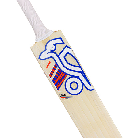 A close-up of the Kookaburra Rapid 6.5 Force Junior Cricket Bat 2026 by Kookaburra, featuring a white handle, blue and red graphics with an abstract bird logo and “6.5 FORCE.” Made from English Willow, it’s ideal for aspiring young players.