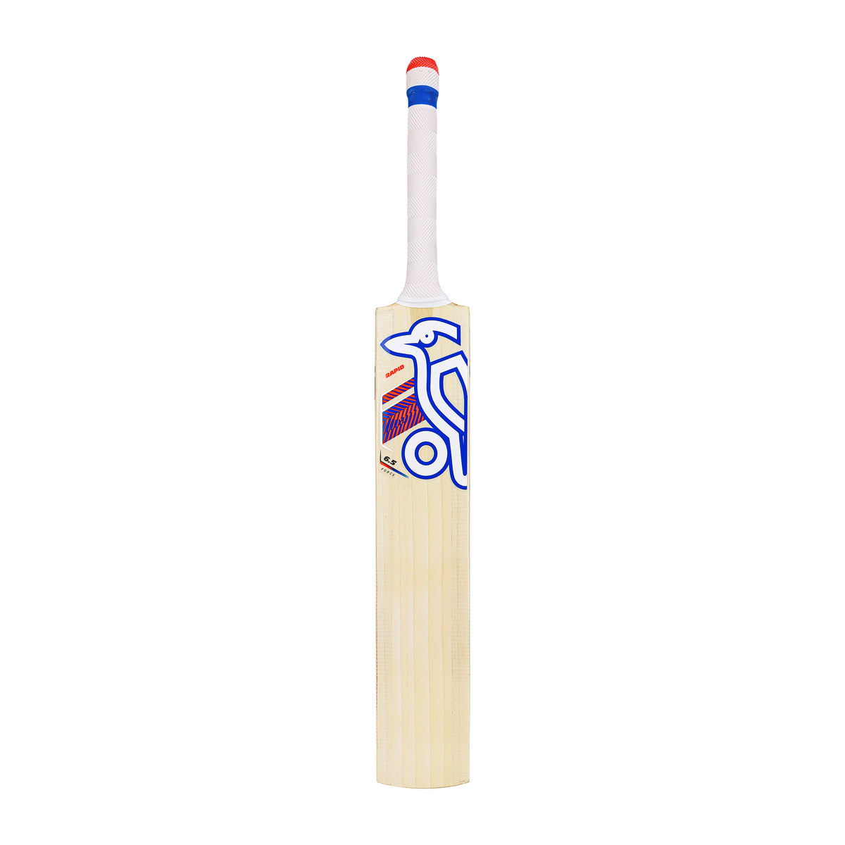 The Kookaburra Rapid 6.5 Force Junior Cricket Bat 2026 is a lightweight English Willow bat with a white handle, blue and red accents, and a blue bird logo—perfect for young players seeking quality and style.