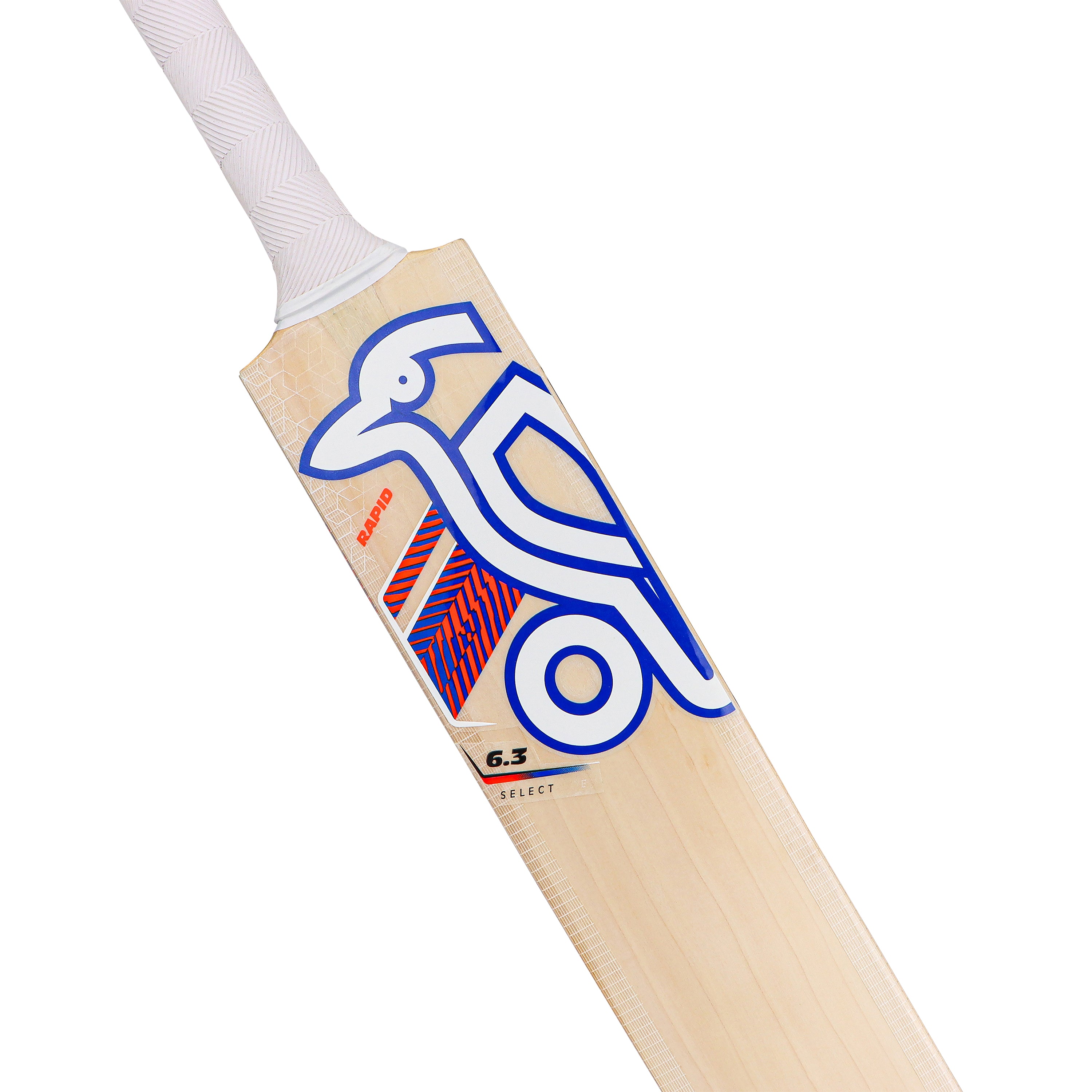 A close-up of the Kookaburra Rapid 6.3 Select Cricket Bat 2026, featuring a white handle, vibrant blue and red bird graphic on the blade, light natural wood finish, and G.3 Select hybrid willow label. Brand: Kookaburra.