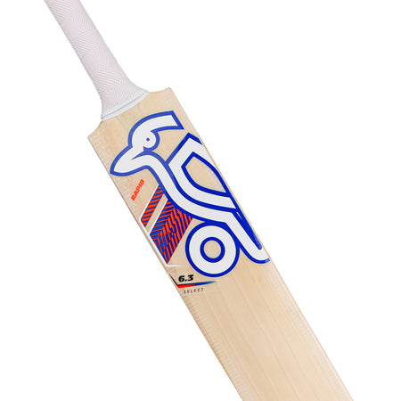 A close-up of the Kookaburra Rapid 6.3 Select Cricket Bat 2026, featuring a white handle, vibrant blue and red bird graphic on the blade, light natural wood finish, and G.3 Select hybrid willow label. Brand: Kookaburra.