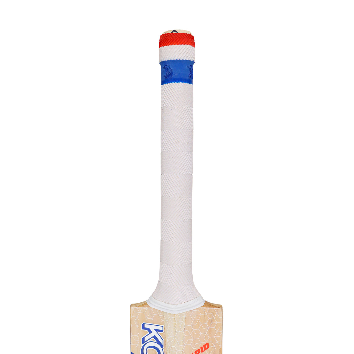 A close-up of the Kookaburra Rapid 6.3 Select Cricket Bat 2026 handle shows a white grip with a red top and blue band, while part of the youth bat’s blade is visible at the bottom.