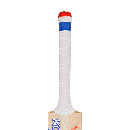 A close-up of the Kookaburra Rapid 6.3 Select Cricket Bat 2026 handle shows a white grip with a red top and blue band, while part of the youth bat’s blade is visible at the bottom.