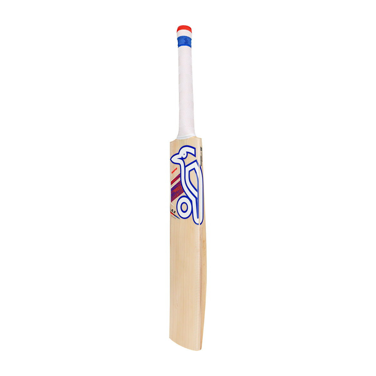 The Kookaburra Rapid 6.3 Select Cricket Bat 2026, featuring a white handle with blue and red logo and grip, stands upright against a plain white background.