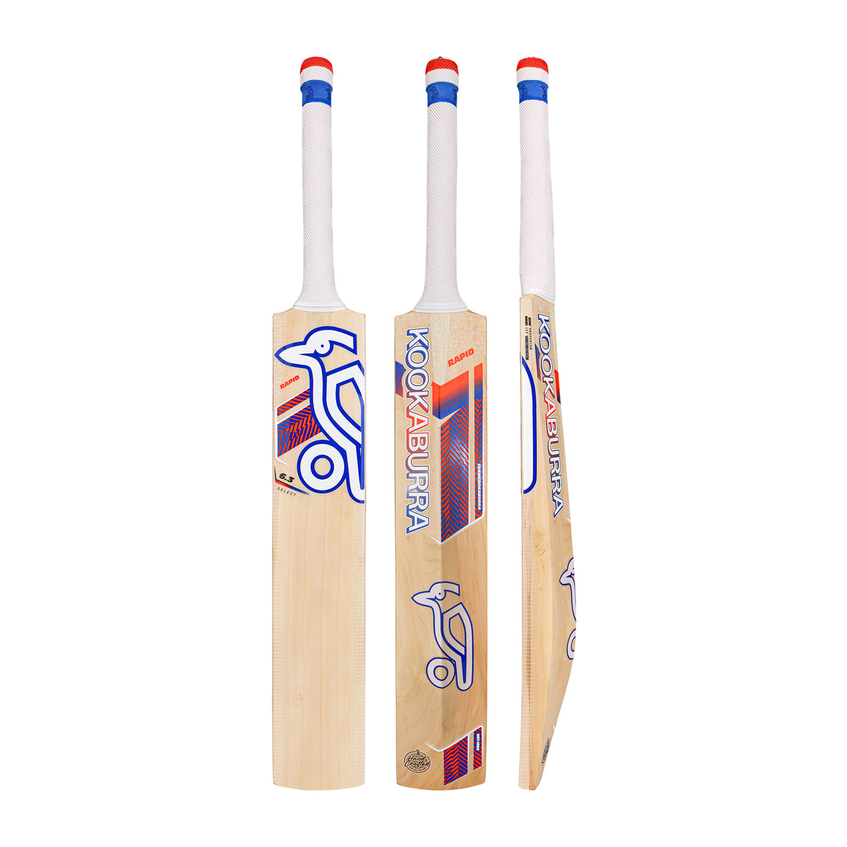 Three Kookaburra Rapid 6.3 Select Cricket Bat 2026 models by Kookaburra are shown from front, back, and side views. Each hybrid willow bat has a white handle, red and blue details, and colorful stickers—great for aspiring youth players.