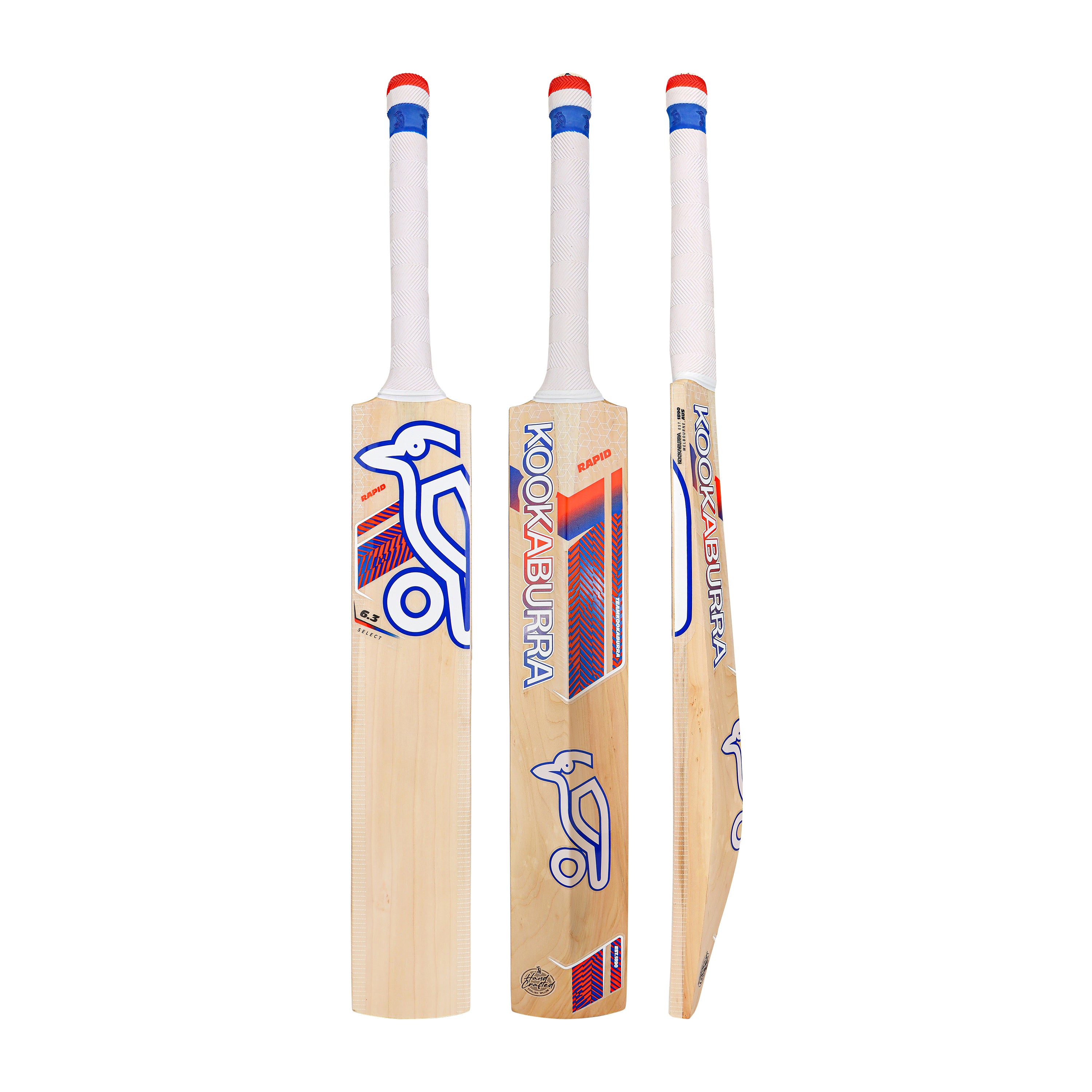 Three Kookaburra Rapid 6.3 Select Cricket Bat 2026 models by Kookaburra are shown from front, back, and side views. Each hybrid willow bat has a white handle, red and blue details, and colorful stickers—great for aspiring youth players.