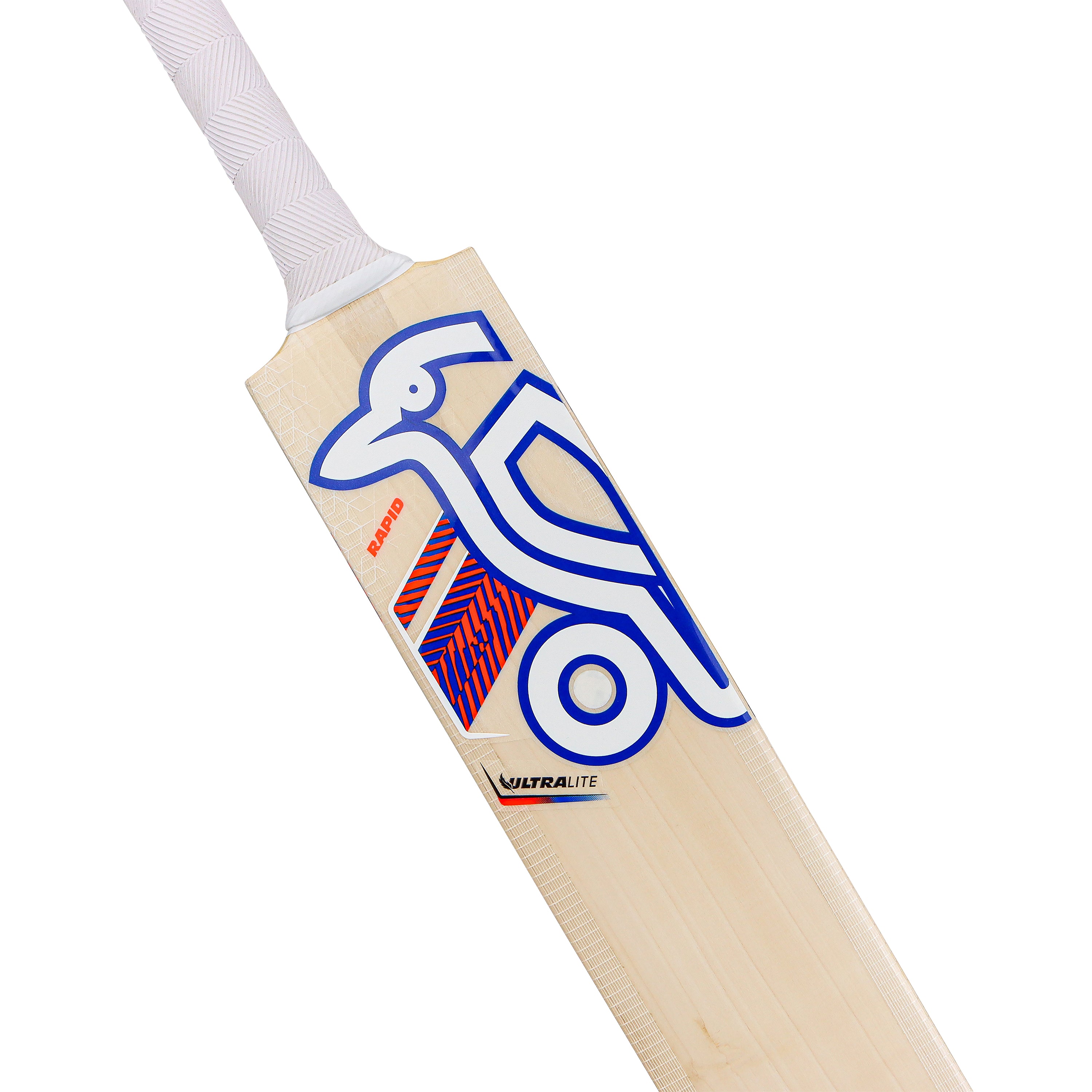 A close-up of the lightweight Kookaburra Rapid Ultralite Cricket Bat 2026, featuring a white handle and blue geometric bird design on its English Willow blade, branded with RAPID and ULTRALITE.