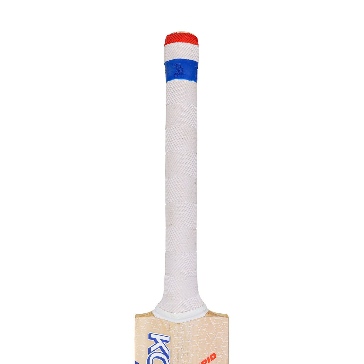 A close-up of the Kookaburra Rapid Ultralite Cricket Bat 2026 handle by Kookaburra shows a lightweight design with a white grip, a blue band near the top, and a red cap at the end.