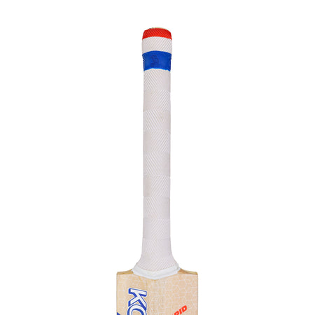 A close-up of the Kookaburra Rapid Ultralite Cricket Bat 2026 handle by Kookaburra shows a lightweight design with a white grip, a blue band near the top, and a red cap at the end.