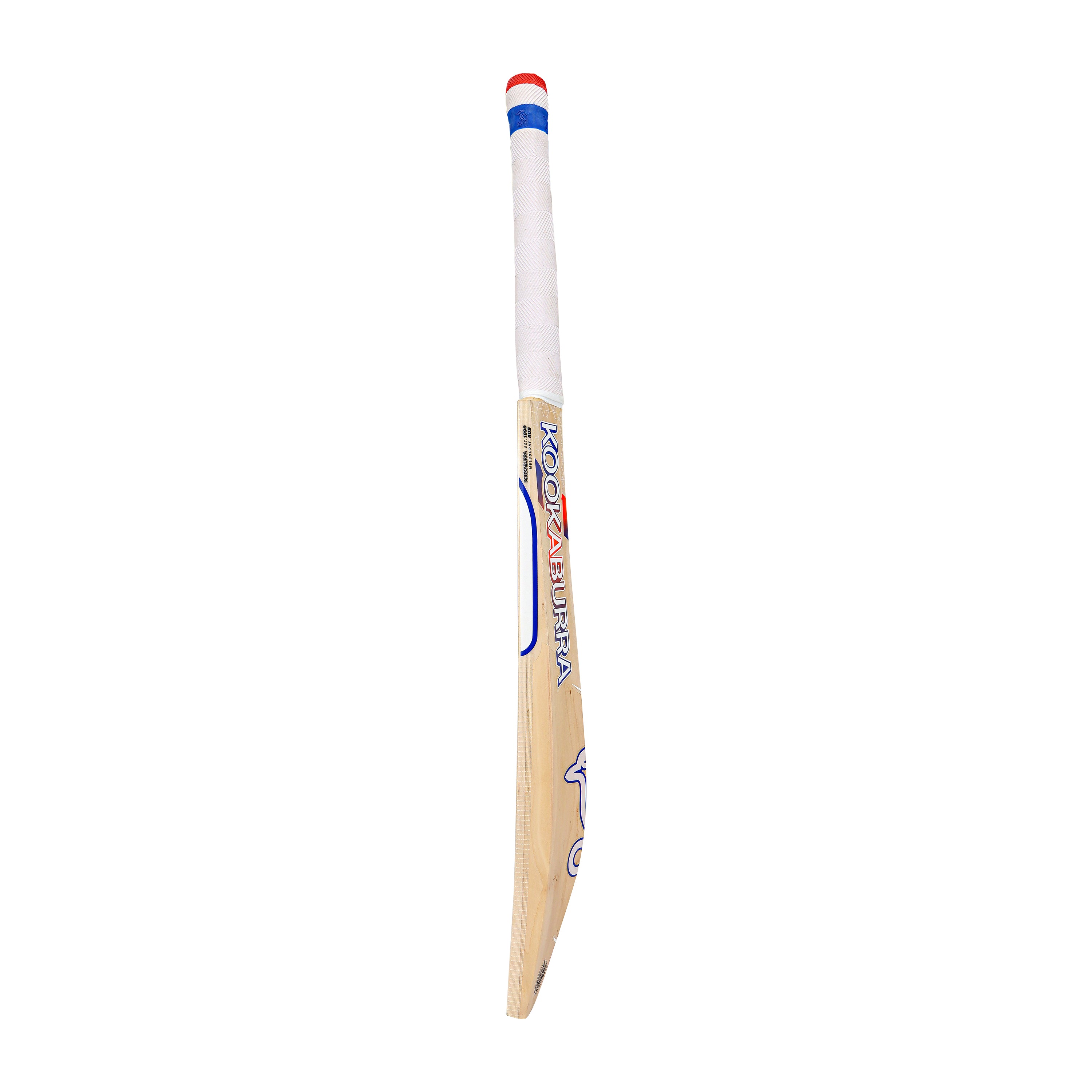 The Kookaburra Rapid Ultralite Cricket Bat 2026 is a lightweight English Willow bat with a white grip-taped handle, blue, red, and black accents, and the iconic Kookaburra branding on the front.