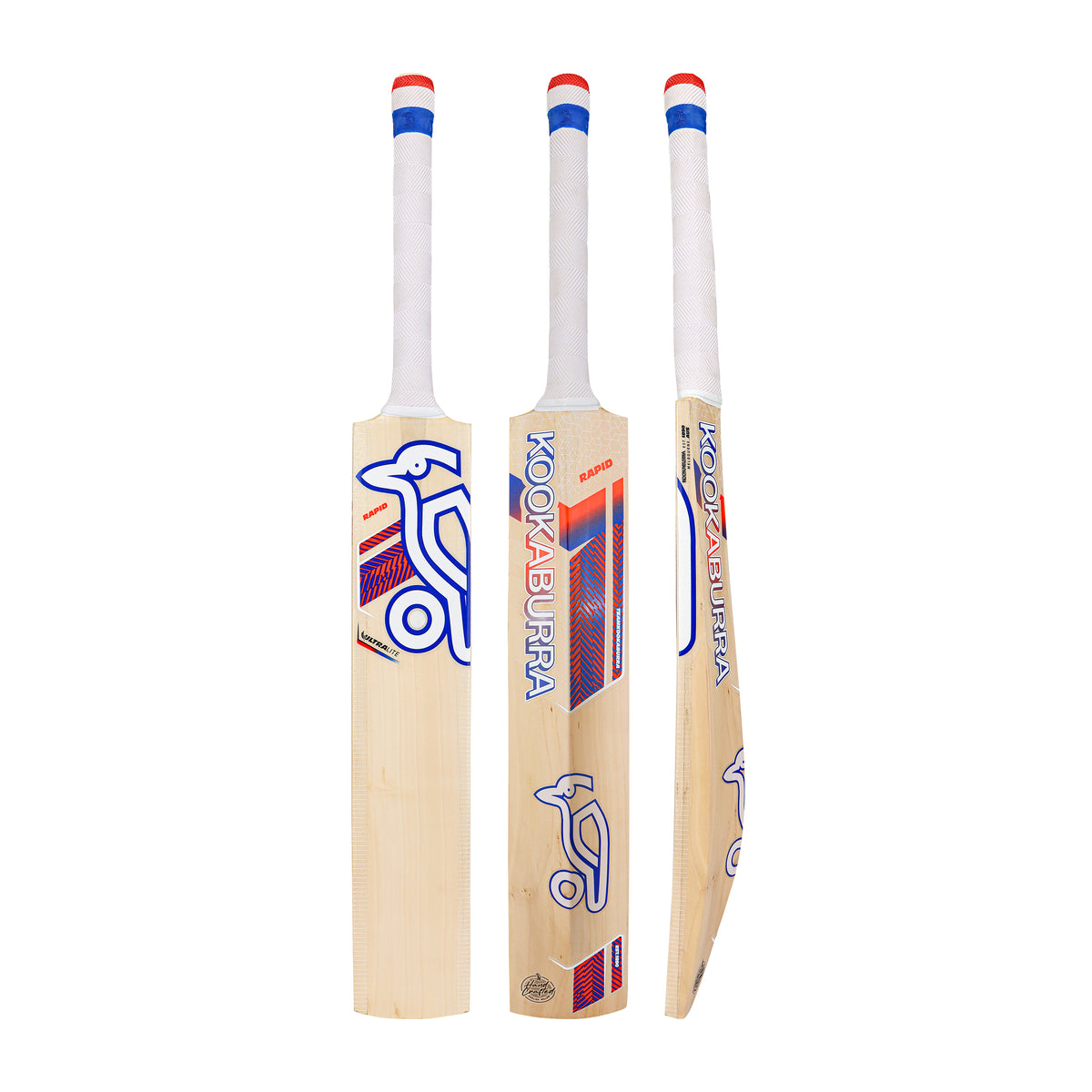 Three views of the Kookaburra Rapid Ultralite Cricket Bat 2026: front, back, and side. This lightweight English Willow bat features blue and red Kookaburra branding, the Kookaburra logo, and a white handle grip.