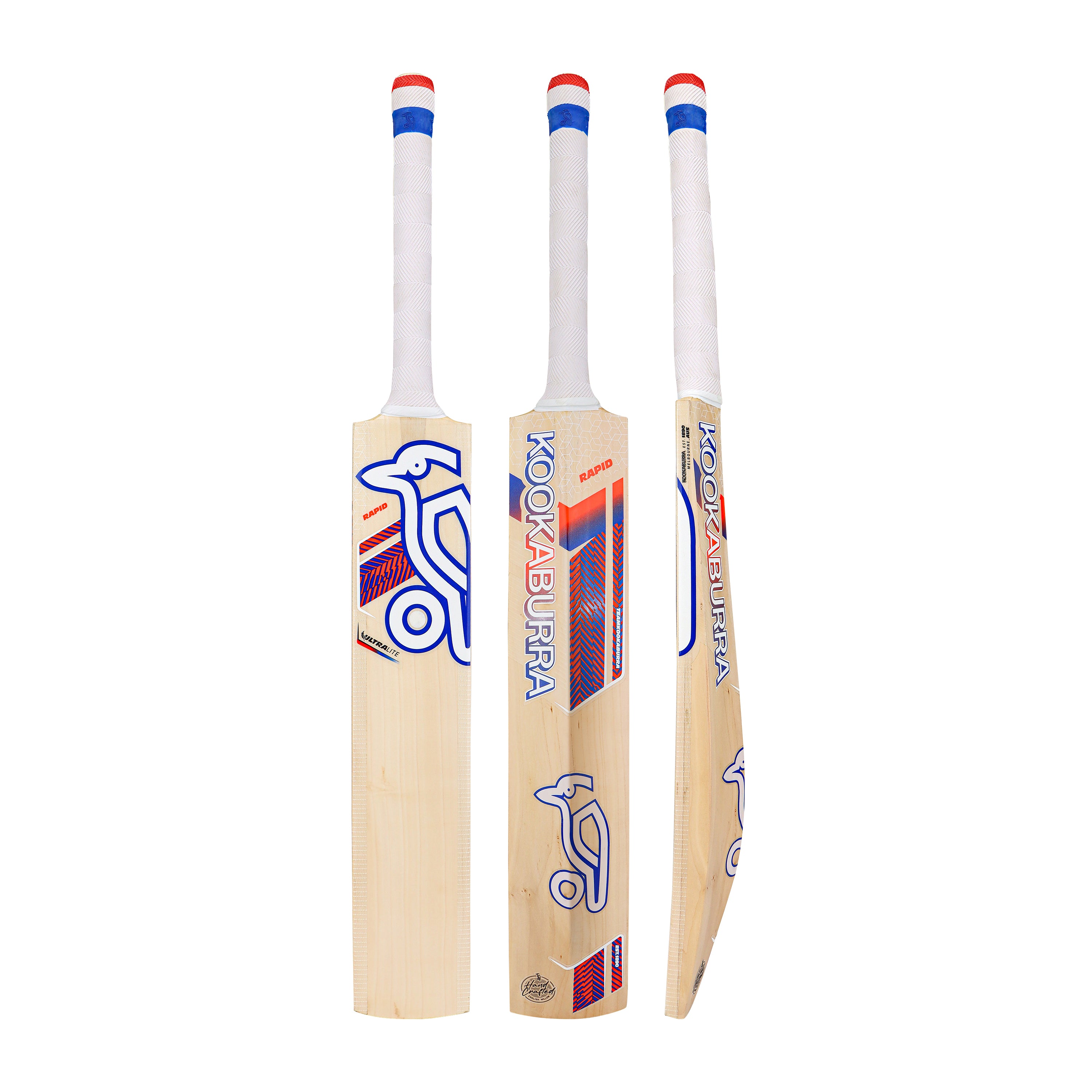 Three views of the Kookaburra Rapid Ultralite Cricket Bat 2026: front, back, and side. This lightweight English Willow bat features blue and red Kookaburra branding, the Kookaburra logo, and a white handle grip.