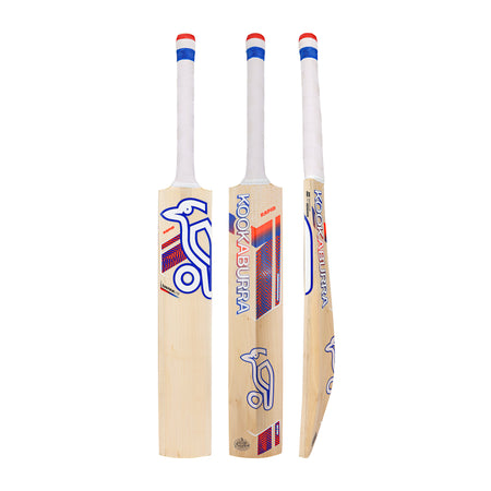 Three views of the Kookaburra Rapid Ultralite Cricket Bat 2026: front, back, and side. This lightweight English Willow bat features blue and red Kookaburra branding, the Kookaburra logo, and a white handle grip.