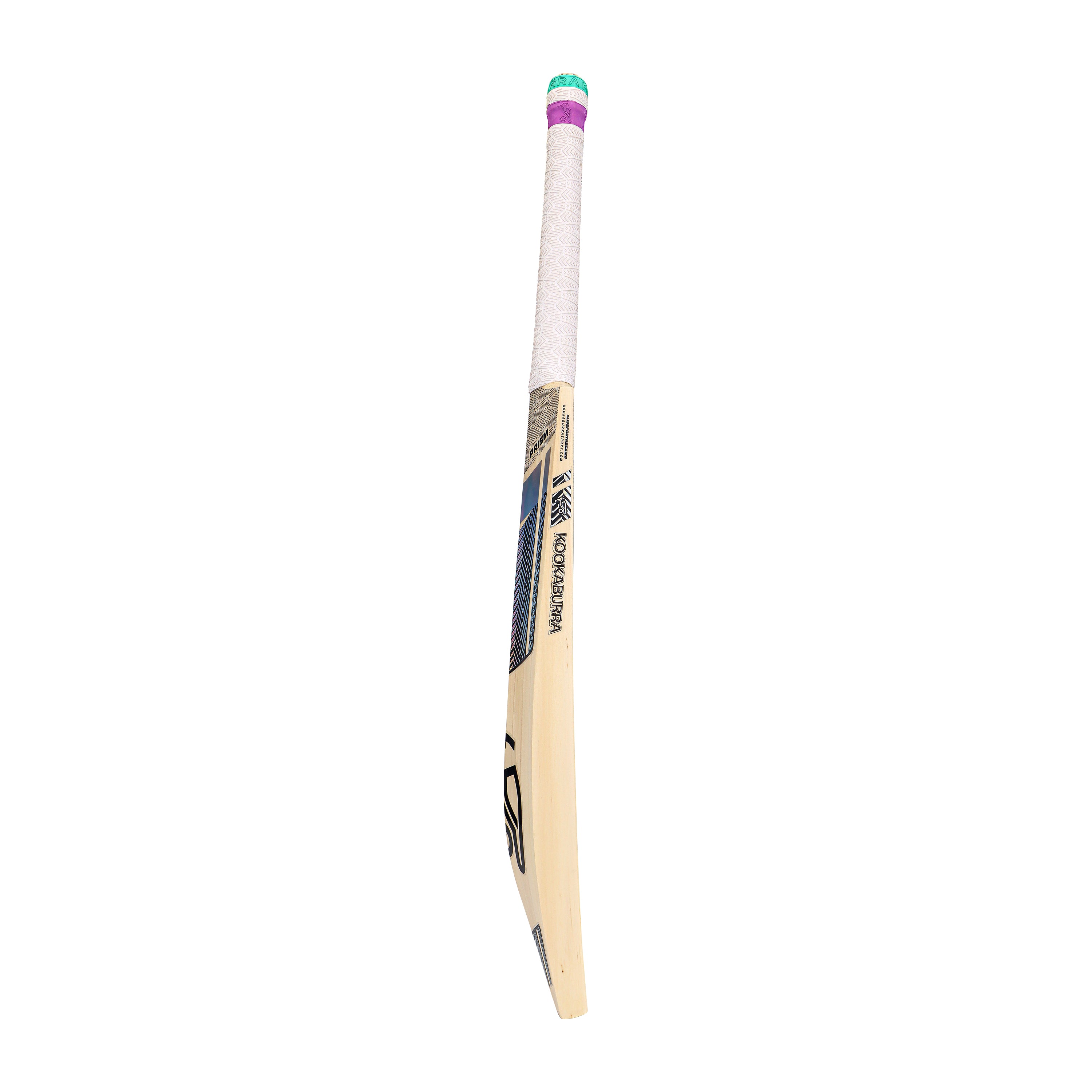 The Kookaburra Prism Natalie Sciver-Brunt Pro Players Replica Cricket Bat 2026 features a white grip with colorful bands and brings professional-inspired style to your game.