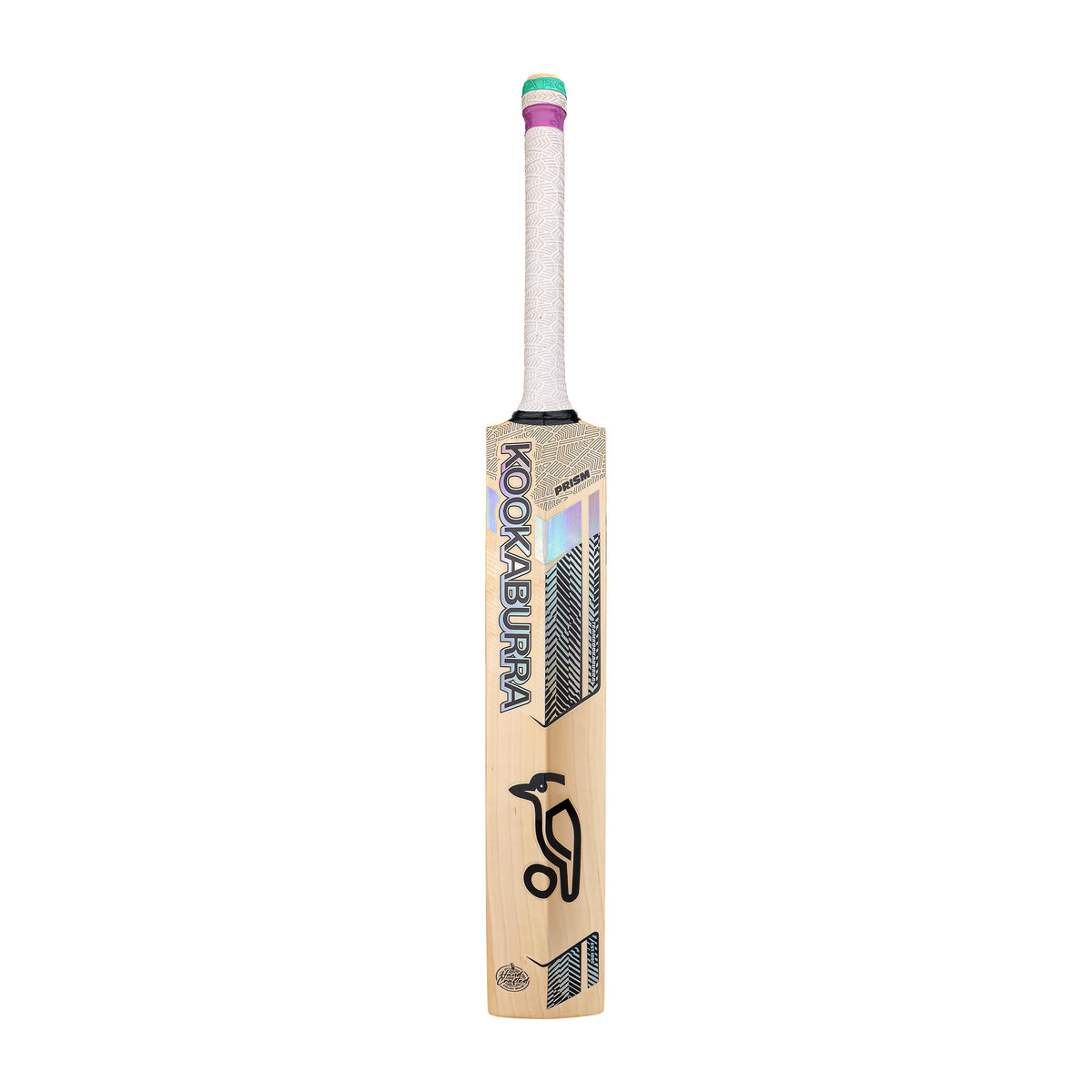 The Kookaburra Prism Pro Players Edition Cricket Bat 2026 features a white grip, light English Willow blade, and sleek black branding logo, shown upright against a white background—ideal for professional cricket players.