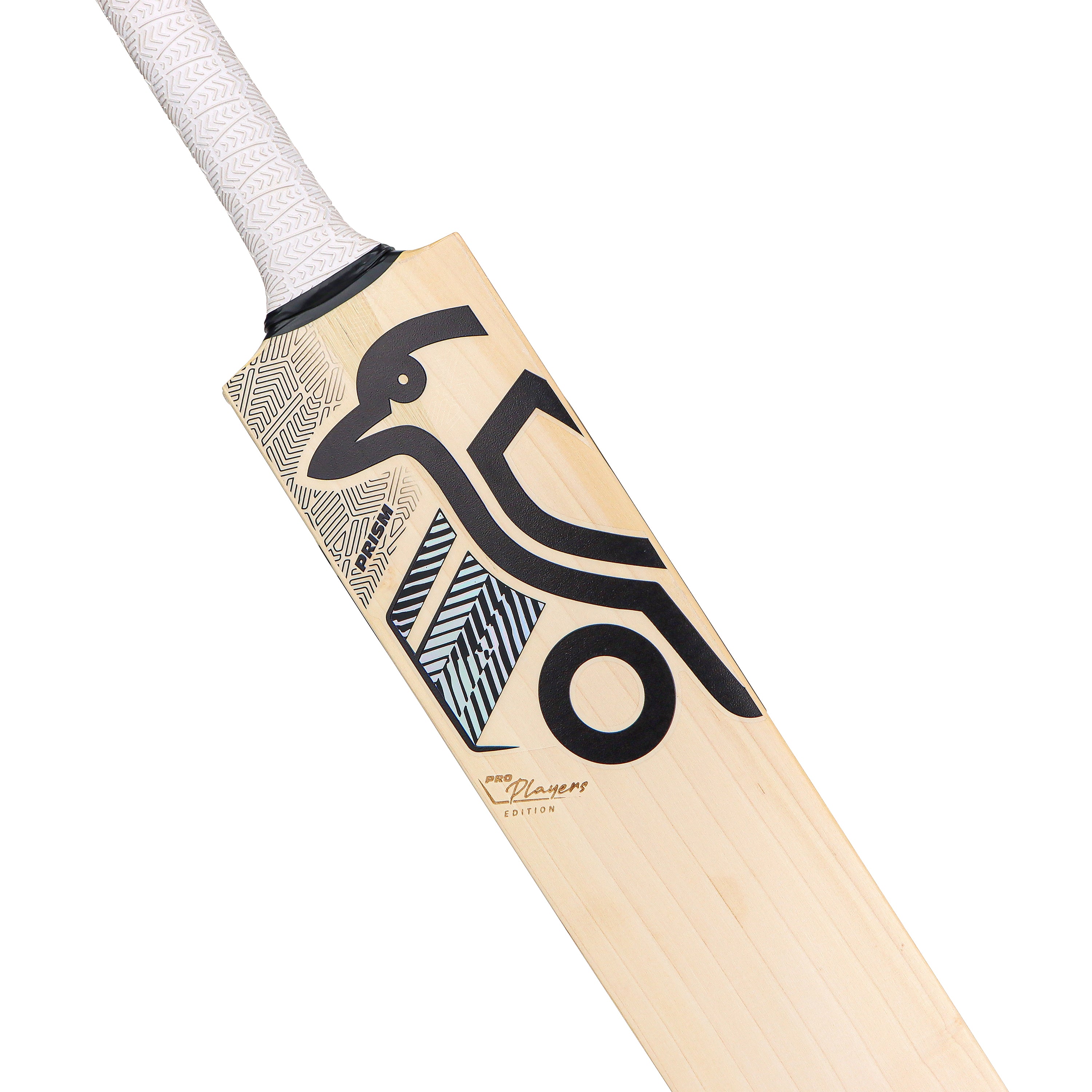 The 2026 Kookaburra Prism Pro Players Edition Cricket Bat is made from English Willow, with a white grip, bold black geometric patterns, a stylized bird design, and "Player Edition" printed near the base.