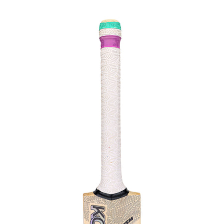 A close-up of the Kookaburra Prism Pro Players Edition Cricket Bat 2026 handle, showing a textured white grip, a purple band, and a mint green section above it, with the top of this premium English Willow bat also visible.