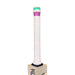 A close-up of the Kookaburra Prism Pro Players Edition Cricket Bat 2026 handle, showing a textured white grip, a purple band, and a mint green section above it, with the top of this premium English Willow bat also visible.