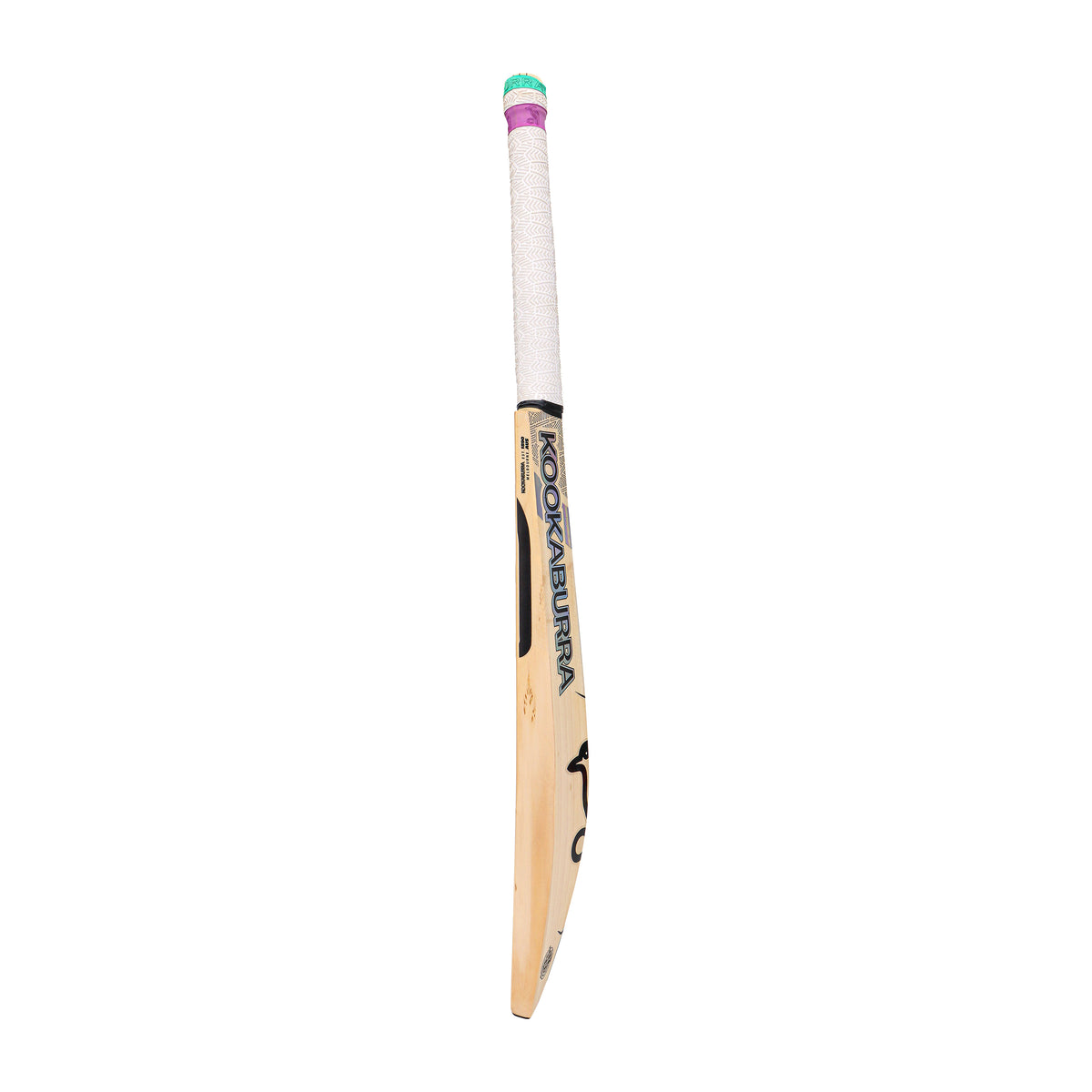 The Kookaburra Prism Pro Players Edition Cricket Bat 2026, crafted from English Willow with a white grip and pink-green end cap, stands upright against a plain white background.