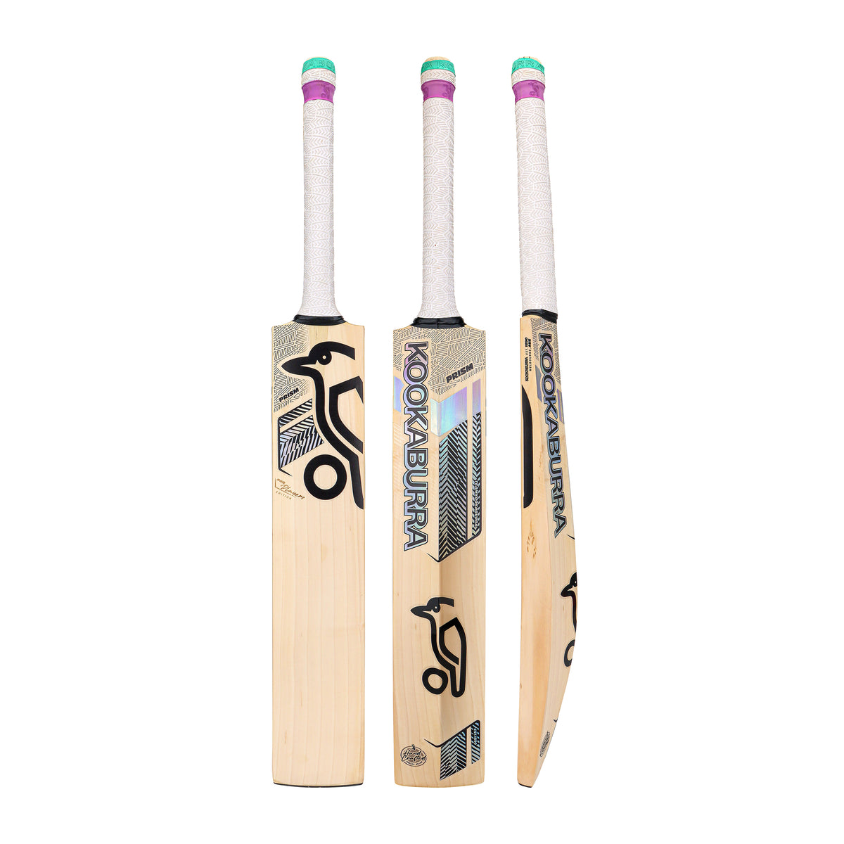 Three views of the Kookaburra Prism Pro Players Edition Cricket Bat 2026, a professional English Willow bat by Kookaburra, featuring a white grip, black and blue branding, and the signature bird logo on front, back, and side.