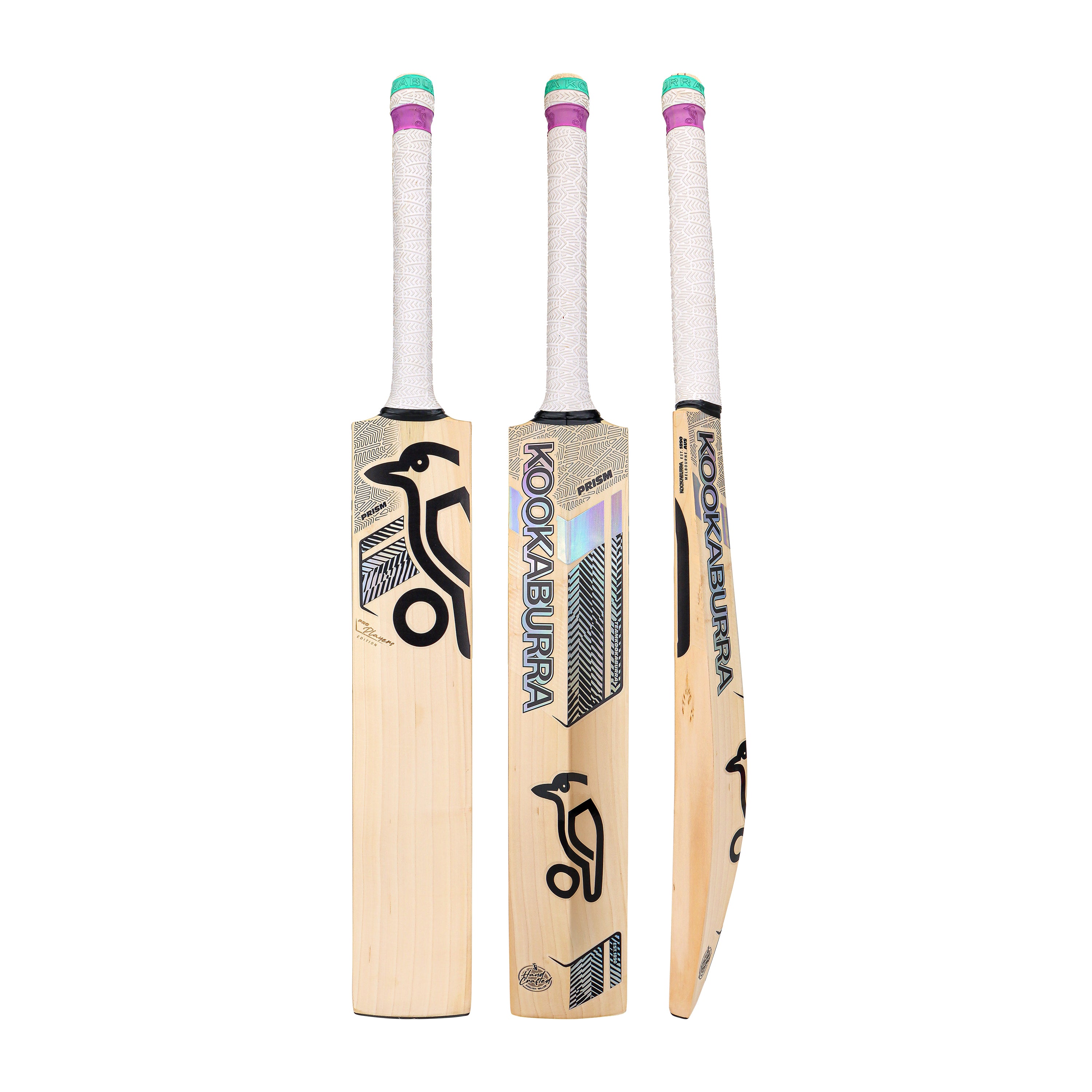 Three views of the Kookaburra Prism Pro Players Edition Cricket Bat 2026, a professional English Willow bat by Kookaburra, featuring a white grip, black and blue branding, and the signature bird logo on front, back, and side.