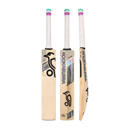Three views of the Kookaburra Prism Pro Players Edition Cricket Bat 2026, a professional English Willow bat by Kookaburra, featuring a white grip, black and blue branding, and the signature bird logo on front, back, and side.