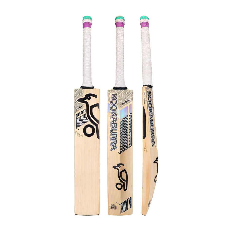 Three views of the Kookaburra Prism Pro Players Edition Cricket Bat 2026, a professional English Willow bat by Kookaburra, featuring a white grip, black and blue branding, and the signature bird logo on front, back, and side.