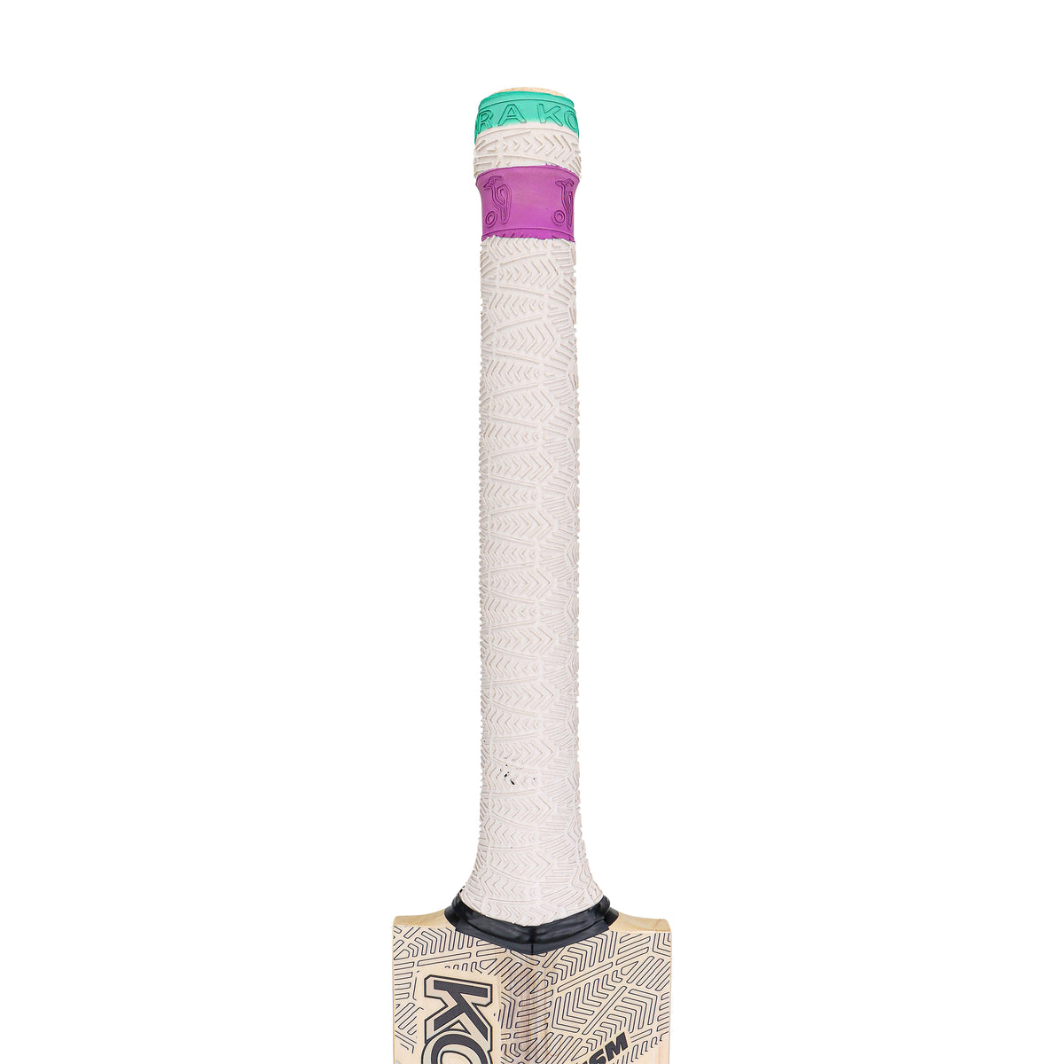 Close-up of the Kookaburra Prism Pro 2.1 Elite Cricket Bat 2026 handle featuring a white textured grip, purple band near the top, and green cap. The English Willow bat’s upper section is partially visible at the image’s bottom.