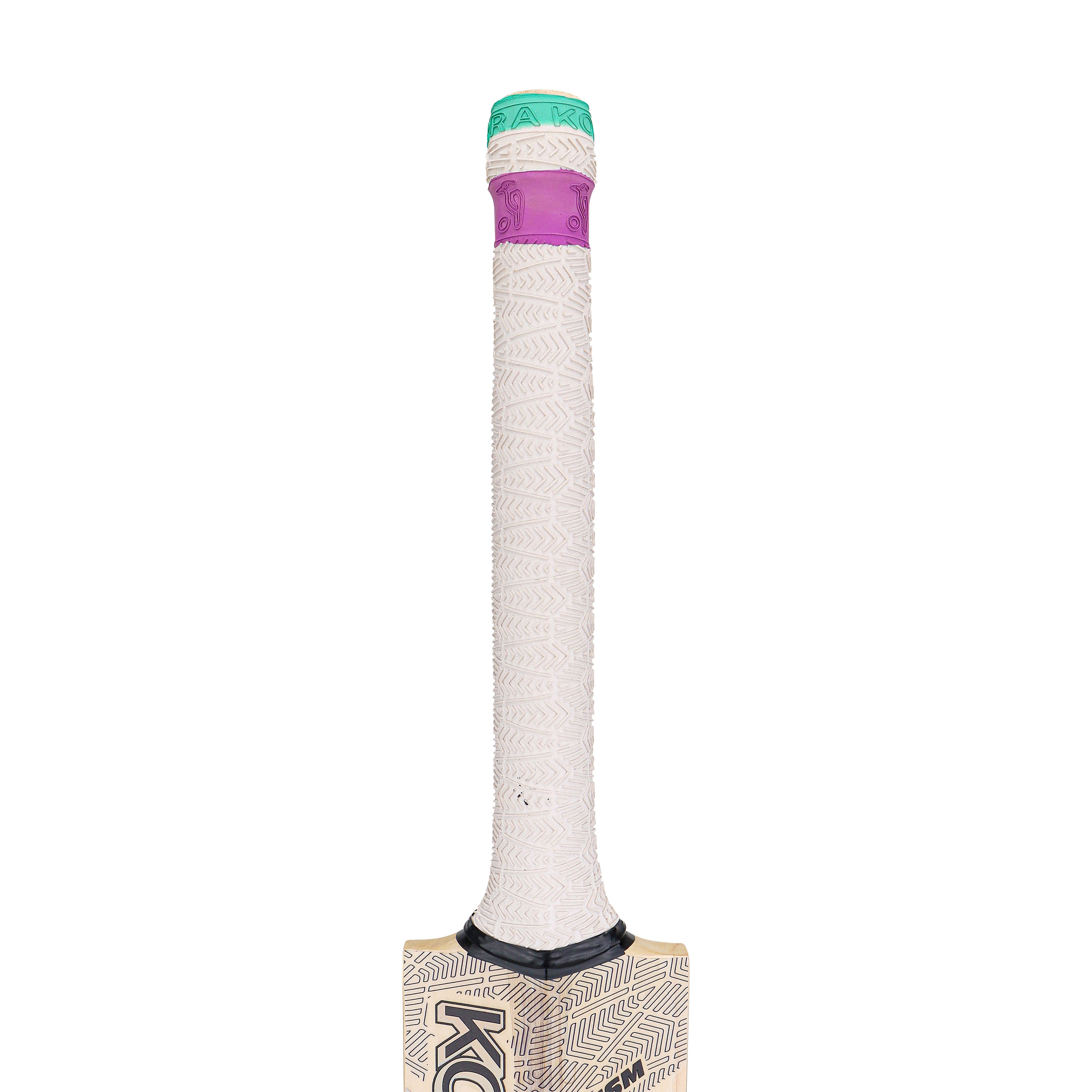 Close-up of the Kookaburra Prism Pro 2.1 Elite Cricket Bat 2026 handle featuring a white textured grip, purple band near the top, and green cap. The English Willow bat’s upper section is partially visible at the image’s bottom.