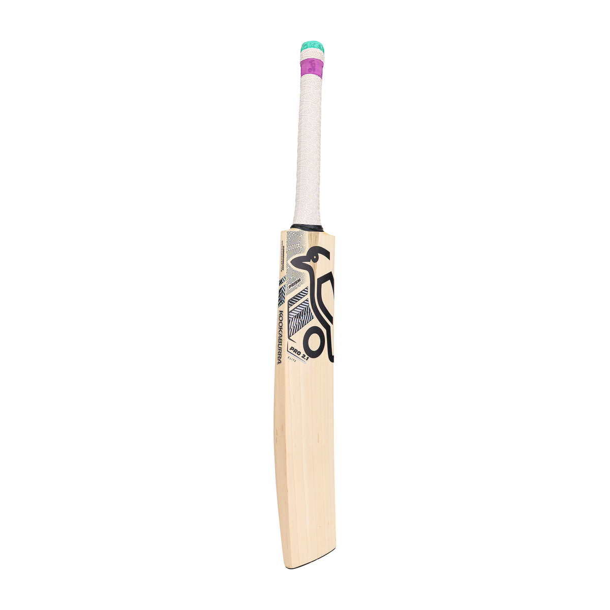The Kookaburra Prism Pro 2.1 Elite Cricket Bat 2026 features light-colored English Willow, a white grip with purple and green accents, and a black blade logo—ideal for versatile all-round play.