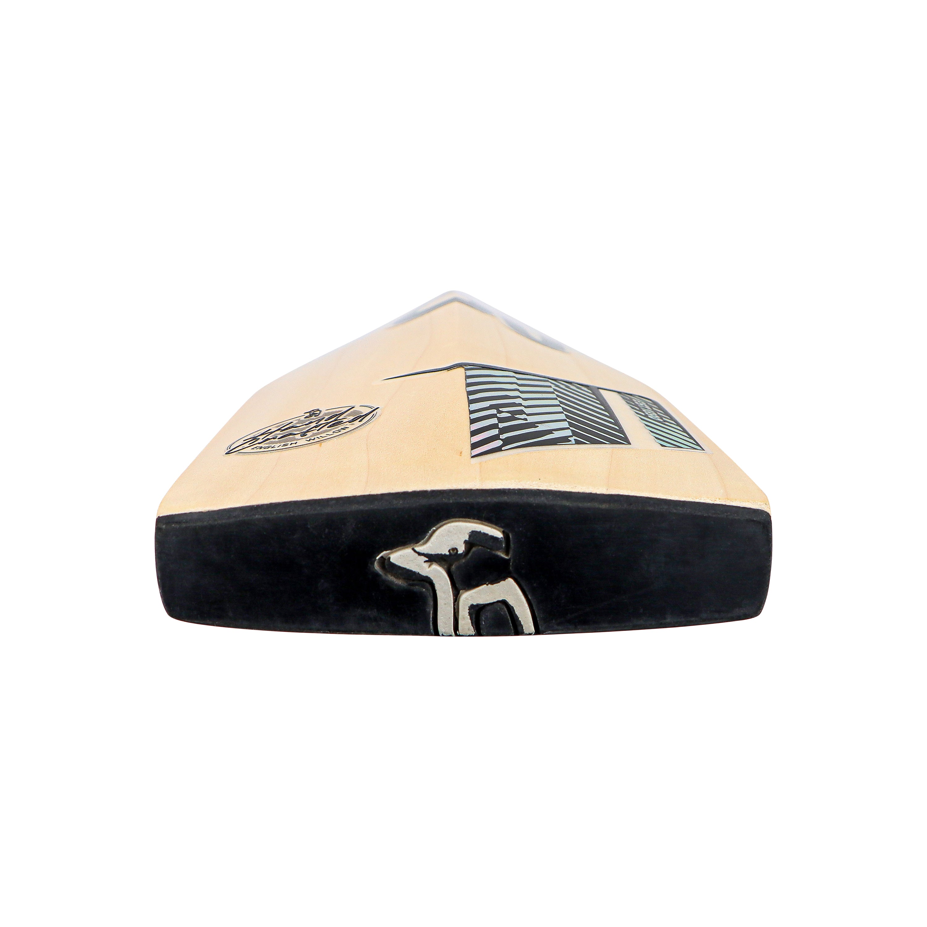 The image shows the Kookaburra Prism Pro 2.1 Elite Cricket Bat 2026 in beige English Willow with a black edge. A stylized black and white animal logo appears on the toe, set against a plain white background highlighting this all-round bat.