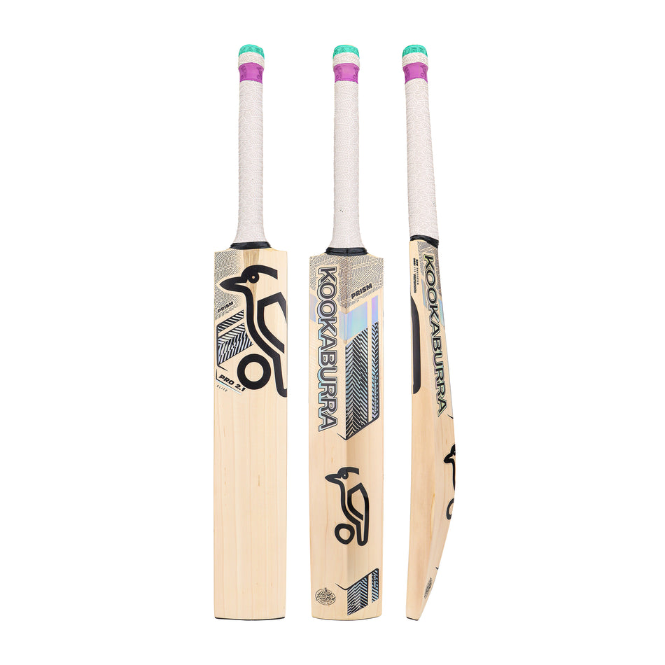 Three views of the Kookaburra Prism Pro 2.1 Elite Cricket Bat 2026 by Kookaburra: front, back, and side. This bat features light wood, a white grip handle, green and pink tape, and bold black Kookaburra branding.