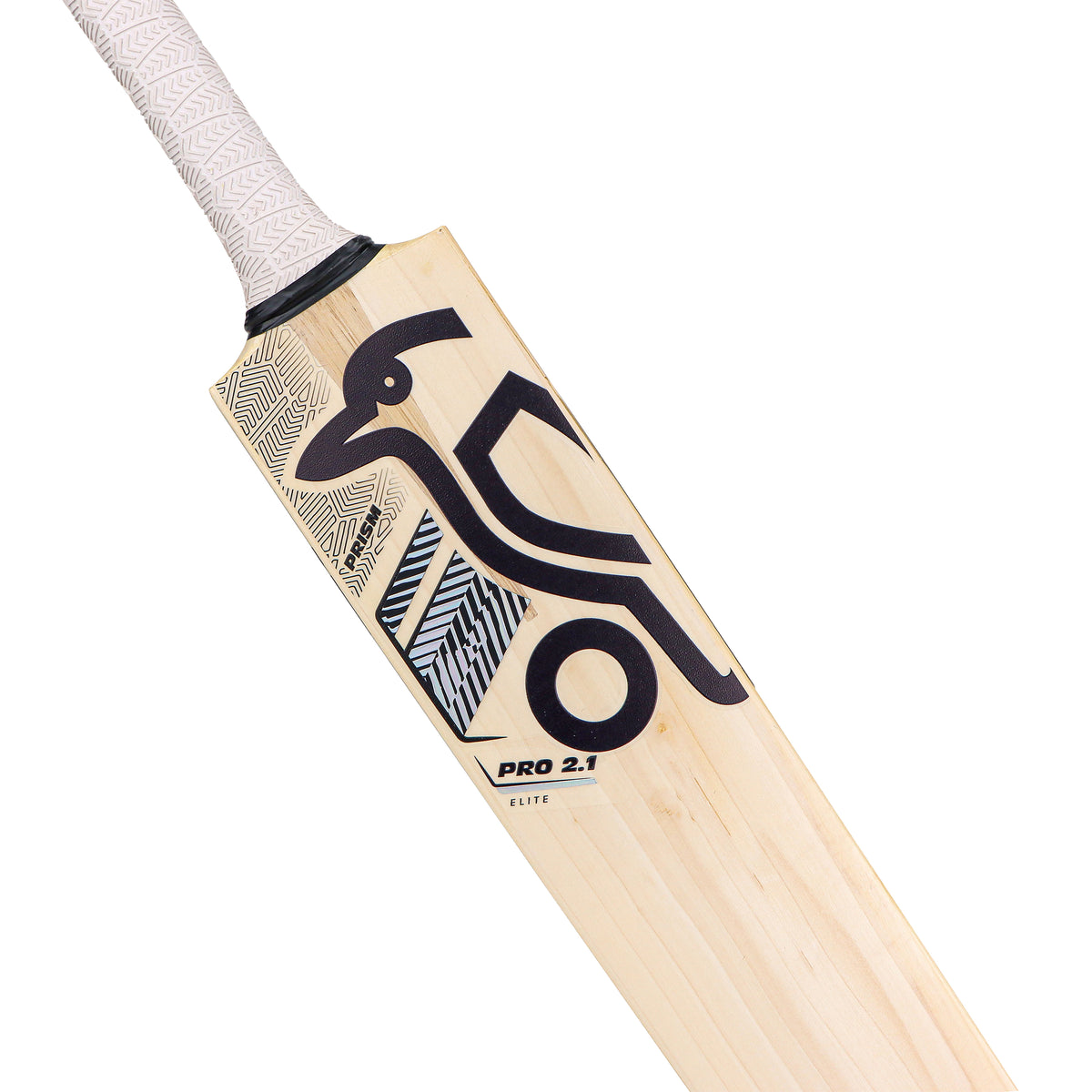A close-up of the Kookaburra Prism Pro 2.1 Elite Junior Cricket Bat 2026 shows its English willow build, white handle, and black geometric graphics with a stylized bird. The bat features the label PRO 2.1 ELITE and is crafted by Kookaburra.