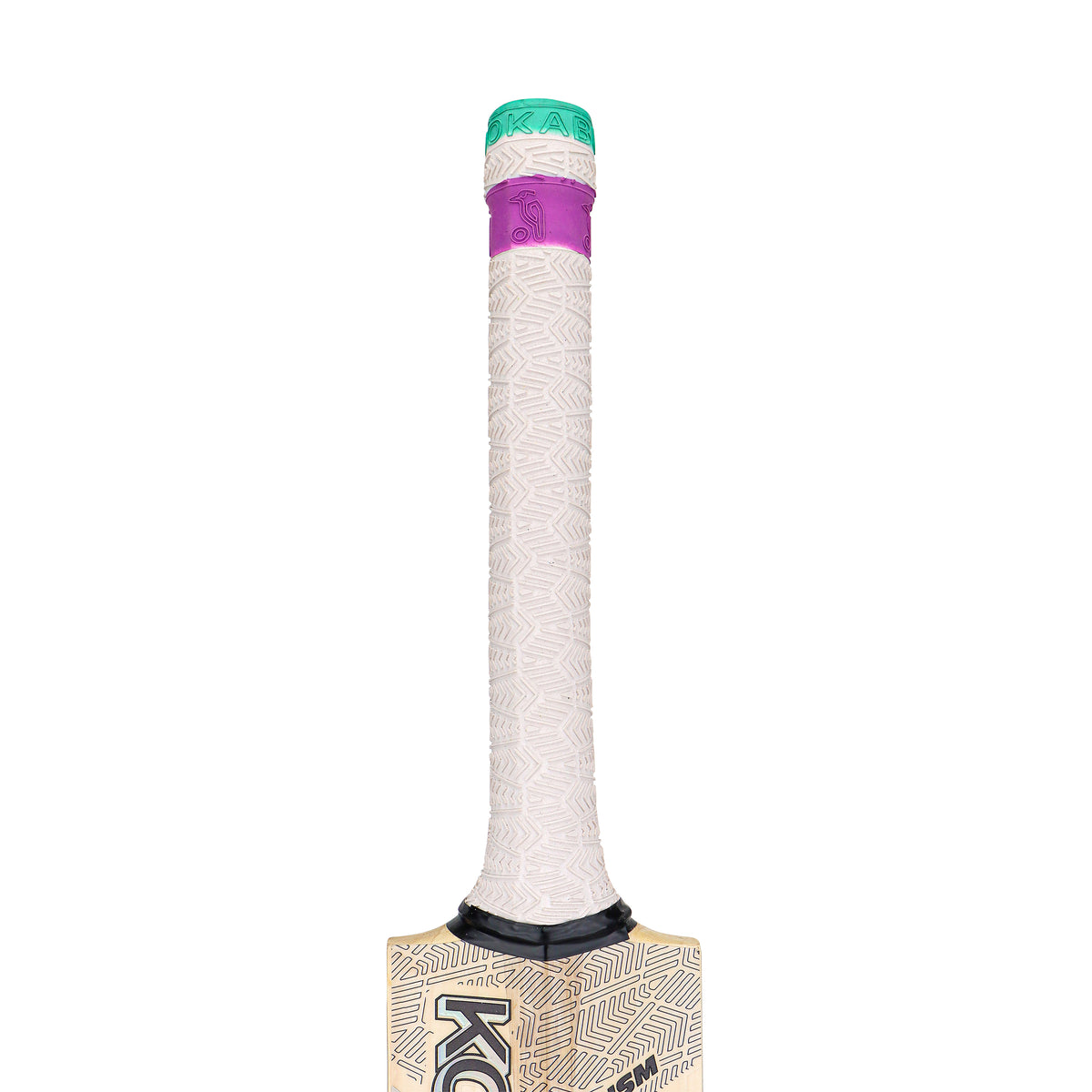 A close-up of the Kookaburra Prism Pro 2.1 Elite Junior Cricket Bat 2026 handle, featuring a textured light-colored grip, green cap, and purple section, with part of the English willow blade from Kookaburra also visible.