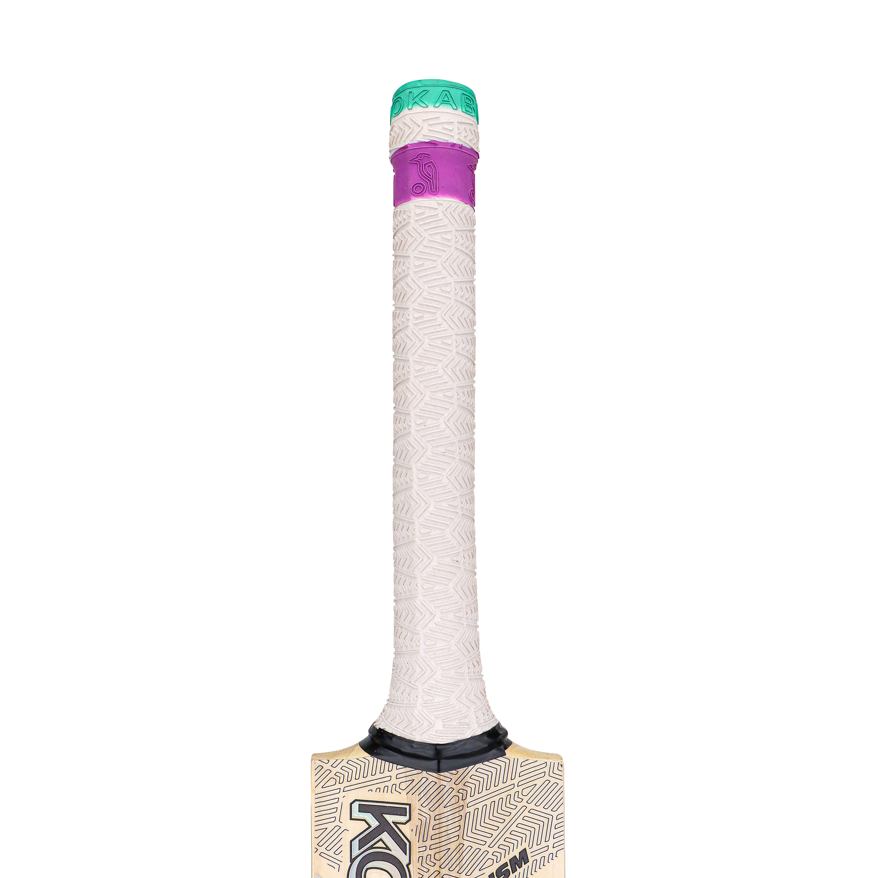 A close-up of the Kookaburra Prism Pro 2.1 Elite Junior Cricket Bat 2026 handle, featuring a textured light-colored grip, green cap, and purple section, with part of the English willow blade from Kookaburra also visible.