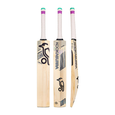 Three views of the Kookaburra Prism Pro 2.1 Elite Junior Cricket Bat 2026 by Kookaburra: front, back, and side, showing a light English willow finish, black branding, textured white grip, plus green and purple accents on the handle.