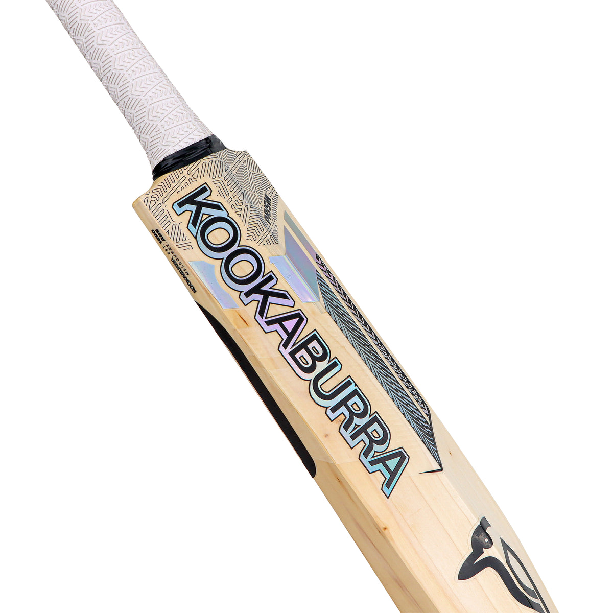 Close-up of the Kookaburra Prism 4.1 Hero Cricket Bat 2026, showcasing a white patterned handle and bold KOOKABURRA branding with geometric and bird logo designs on the English Willow blade for balanced performance.