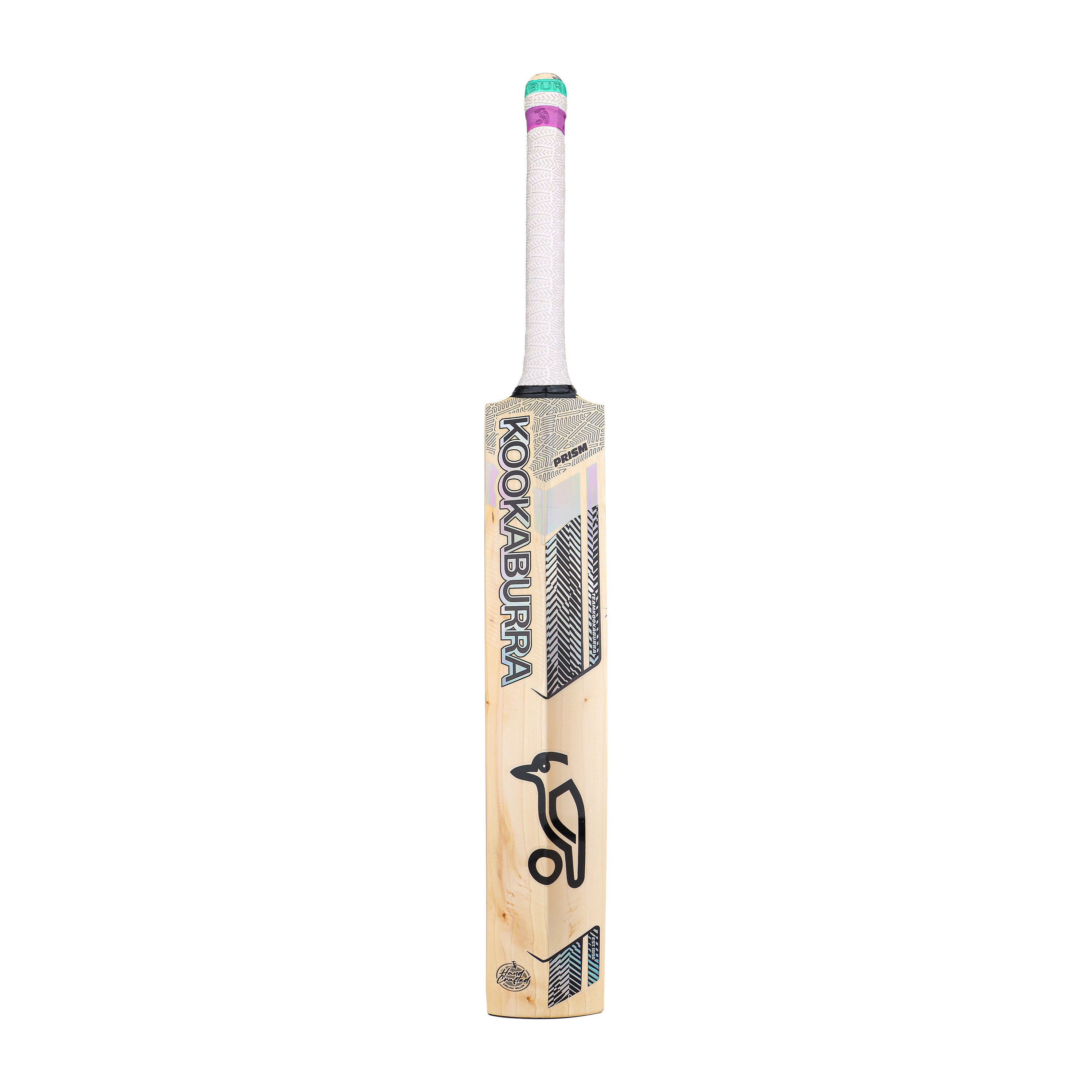 The Kookaburra Prism 4.1 Hero Cricket Bat 2026 features a light wooden blade, white grip, and black Kookaburra logo stickers, standing upright against a plain white background and offering balanced performance for players.