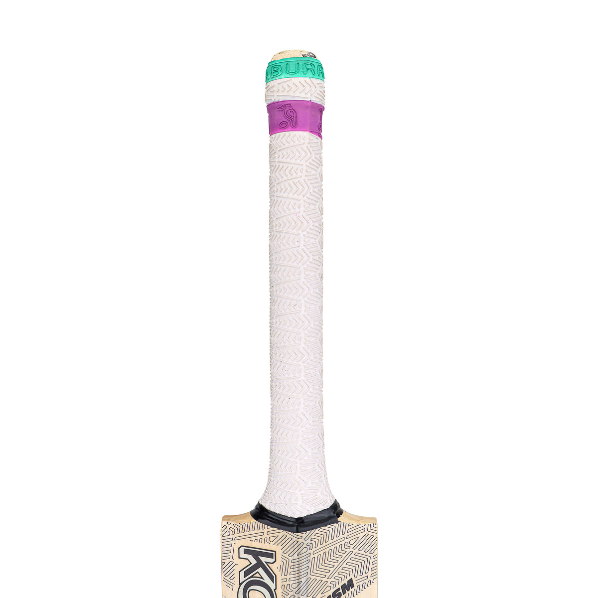The image displays the handle of the Kookaburra Prism 4.1 Hero Cricket Bat 2026, wrapped with a textured white grip, accented by a purple band near the top and a green cap. Part of the branded bat blade is also visible.