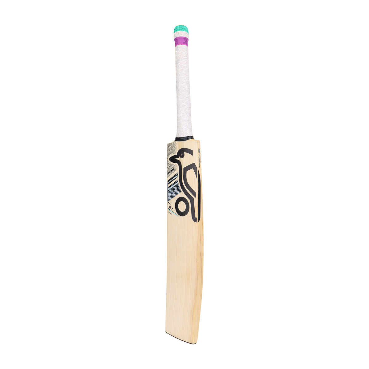 The Kookaburra Prism 4.1 Hero Cricket Bat 2026 by Kookaburra, with a white handle wrapped in purple and green tape and a black-and-white blade design, stands upright against a white background—ideal for balanced performance at all levels.