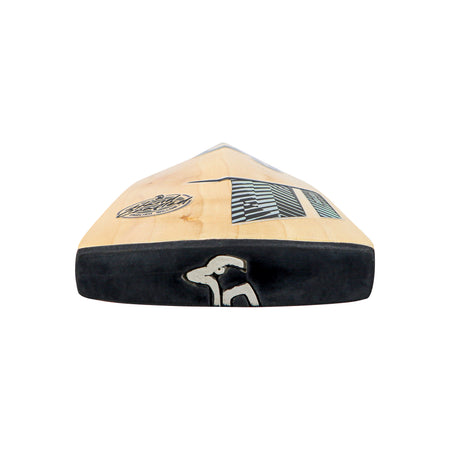 A close-up, front-facing view of the flat tip of the Kookaburra Prism 4.1 Hero Cricket Bat 2026, showing natural English Willow wood grain and black Kookaburra branding and logo against a white background.