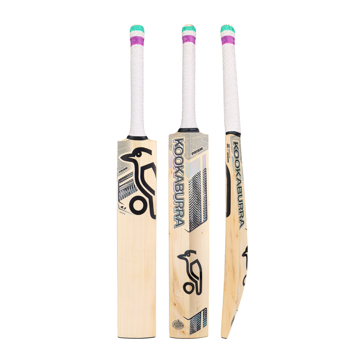 Three Kookaburra Prism 4.1 Hero Cricket Bat 2026 models stand upright, displaying front, side, and back views. Each bat has white handles with green, purple, and pink grip accents, black branding on light wood, and balanced performance.